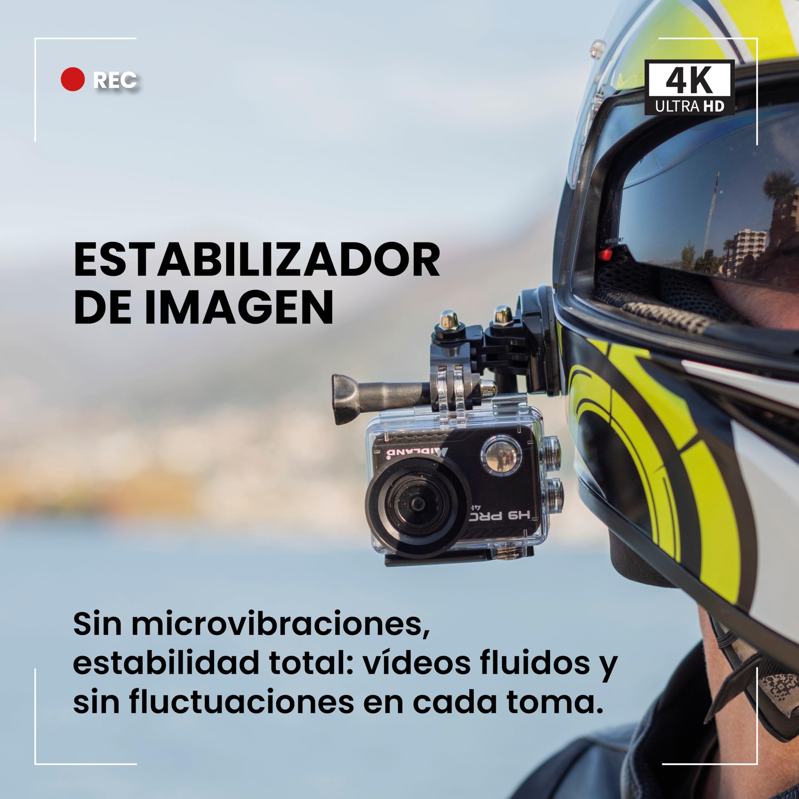 Midland - Cámara Acción 4K H9 Pro WiFi con Mando a Distancia, Cámara Deportiva y Acuática 30 m, 2H de Autonomía, 30fps, Fotos 20MP, Pantalla Táctil IPS, 7 Modos de Video, Control por Smartphone