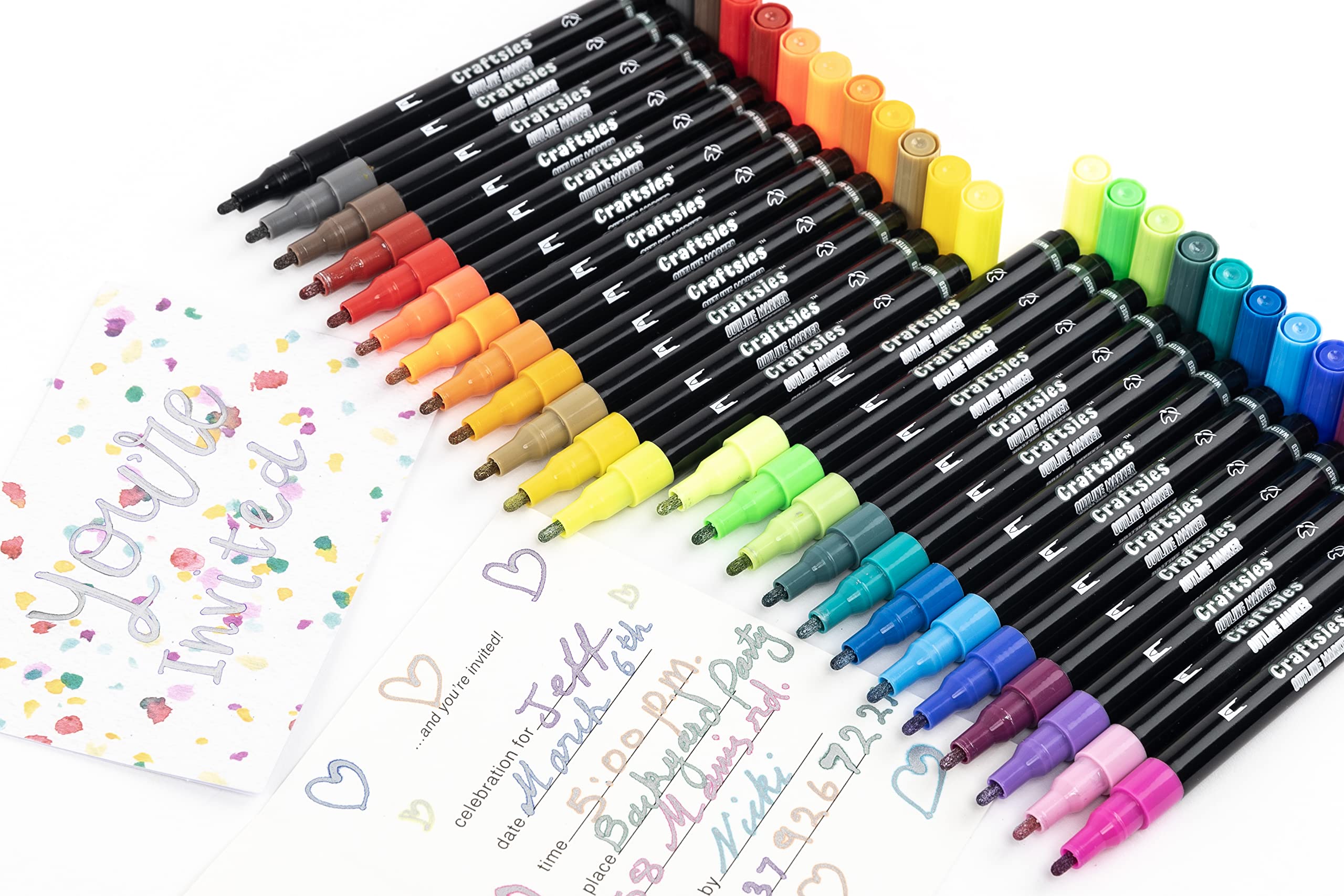 Craftsies Metallic Outline Markers - 12 Doodle Double outline pens-Shimmer marker set -1mm premium fine tip - 2 extra nibs- for Halloween, Doodling, Card Lettering, School Projects and Holiday Gifts