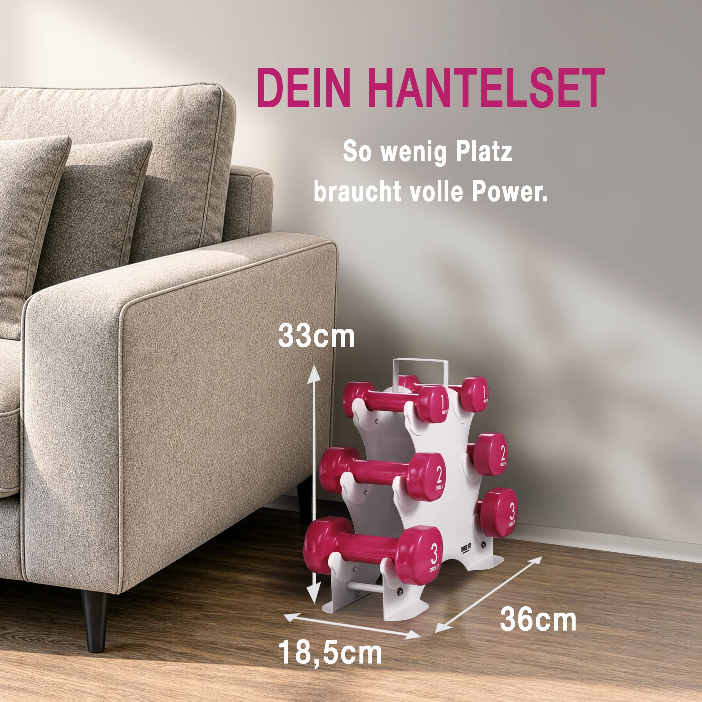 Kurzhantel Set 12 kg mit Ständer – Hantelset für Damen & Anfänger – 2x1 kg 2x2 kg 2x3 kg – rutschfeste Vinyl Hanteln – Fitness Zuhause Home Workout inkl. 60 Min. Trainingsvideo