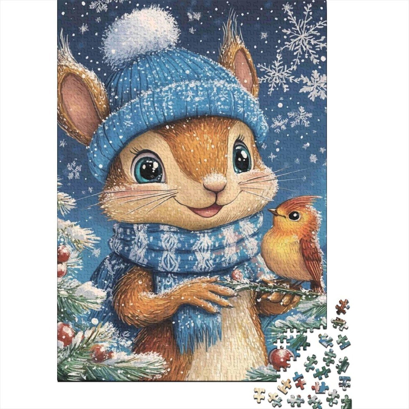 Winter Squirrel with Bird Jigsaw Puzzles Puzzles for Adults Kids. 1000 Pieces Impossible Challenge Toy Educational Game Home Decoration for Adults& Kids Age 14 Years Up 38x26cm/1000pcs