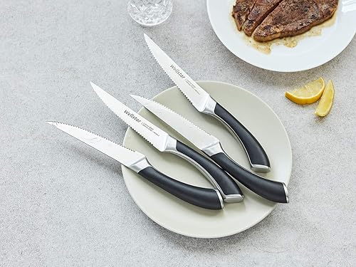 Miniatura 5 de WELLSTAR Juego de 4 cuchillos para carne, hoja dentada de acero inoxidable alemán resistente a la corrosión, mango ergonómico de espiga completa,