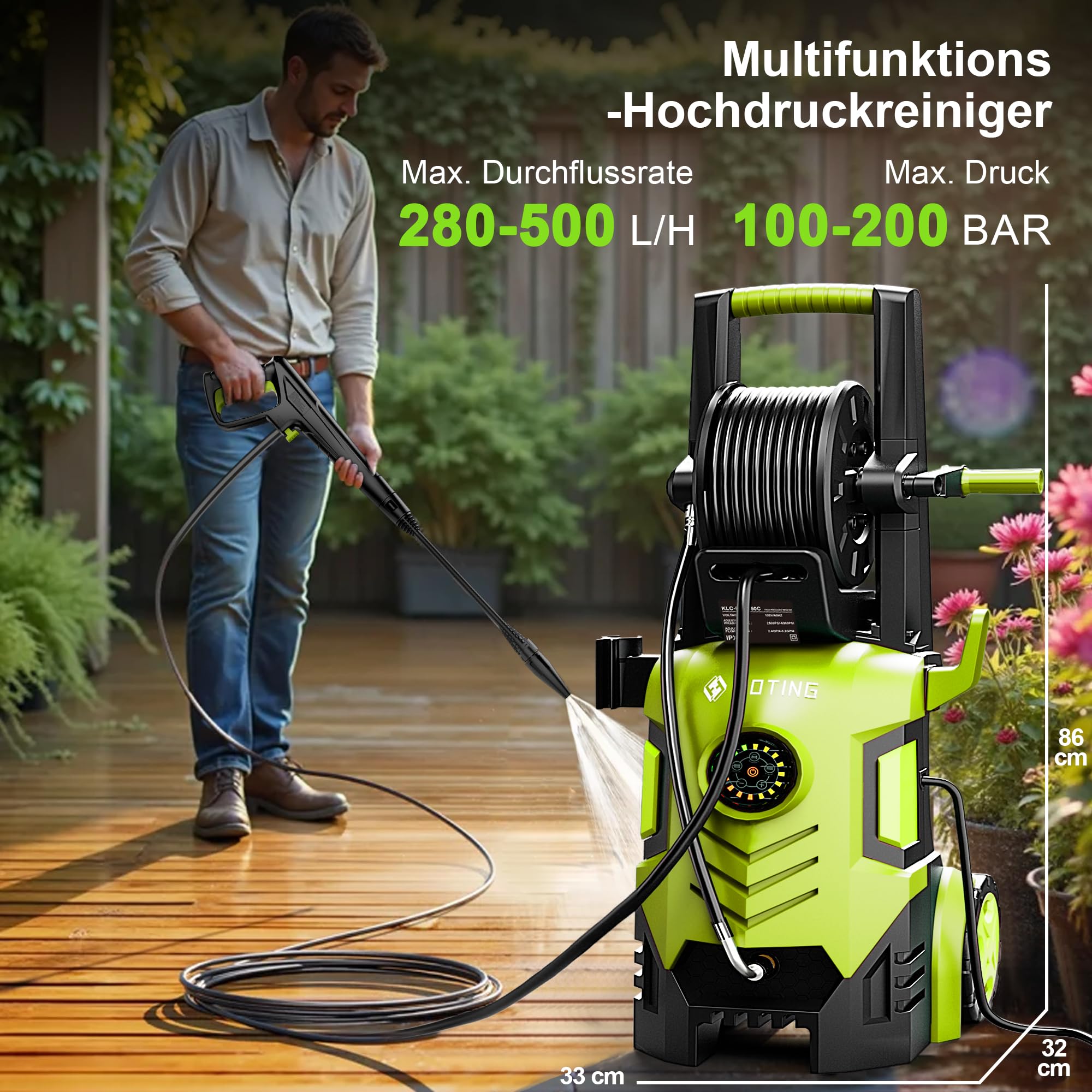 Hochdruckreiniger 200 Bar, Touchscreen 8-stufiger, 6-in-1-Düse, Druck: 100-200bar, Fördermenge: 280-500l/h, Flächenleistung: 60m²/h, Wassersparend, mit 500ml Schaumkanone und Schlauchtrommel
