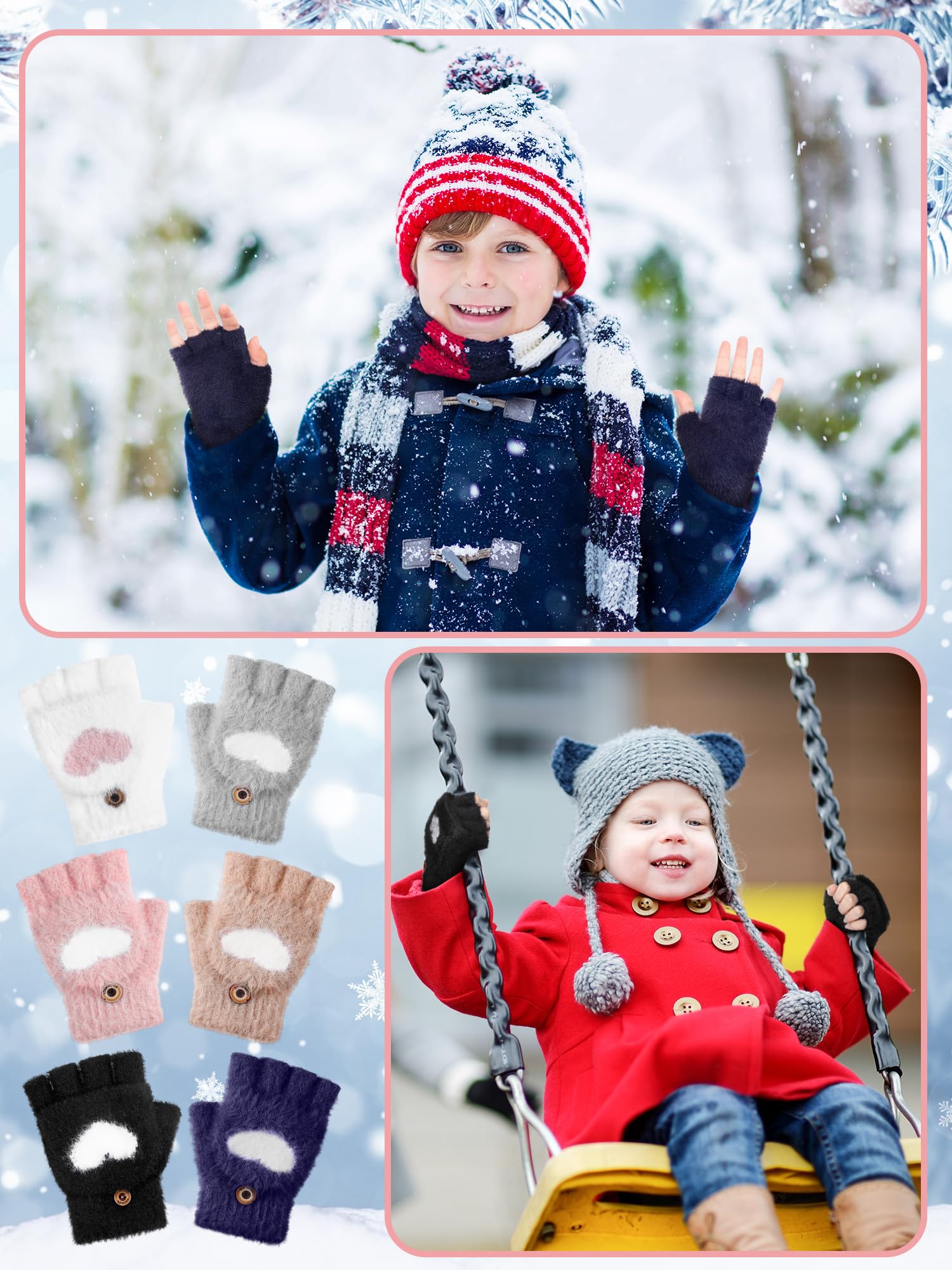 Geyoga 6 Paar Fingerlose Handschuhe Kinder Mädchen Jungen Winter Handschuhe mit Klappe Warme Gestrickte(Klassisch,8-12 jahre)