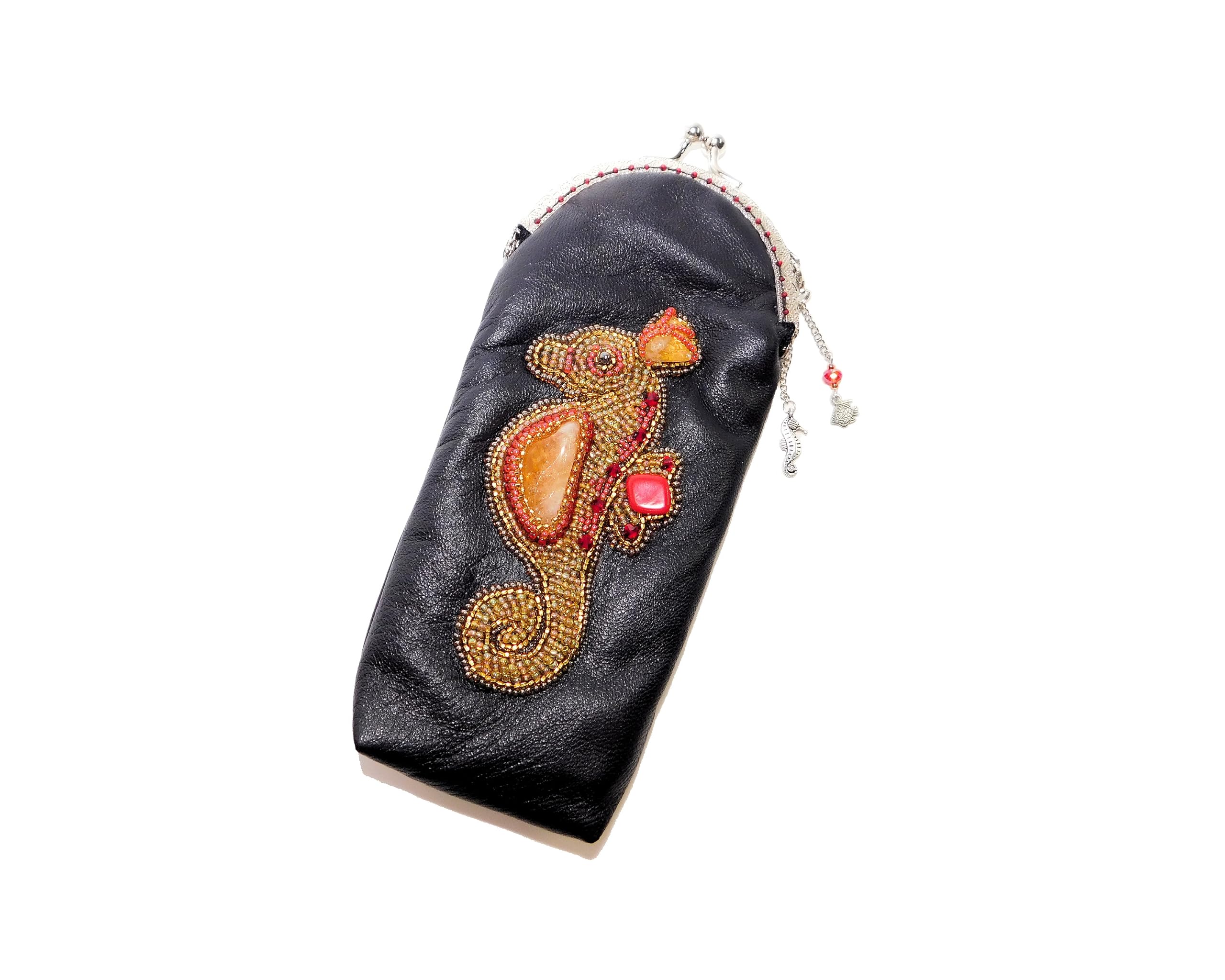Handmade Genuine Leather Kiss-Lock Eyeglasses Soft Case with Bead Embroidered Citrine Gem Seahorse Kisslock Glasses Carrying Storage Ocean Animal