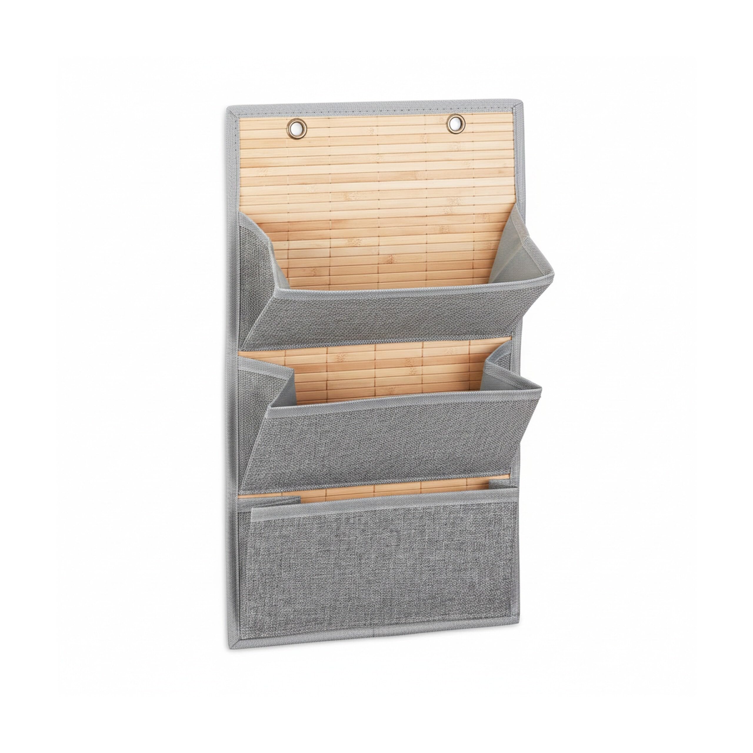 Relaxdays Wandorganizer Bambus mit Jutemuster Fächer versch. Größen, Zeitungshalter zum Hängen für Büro und Flur, grau