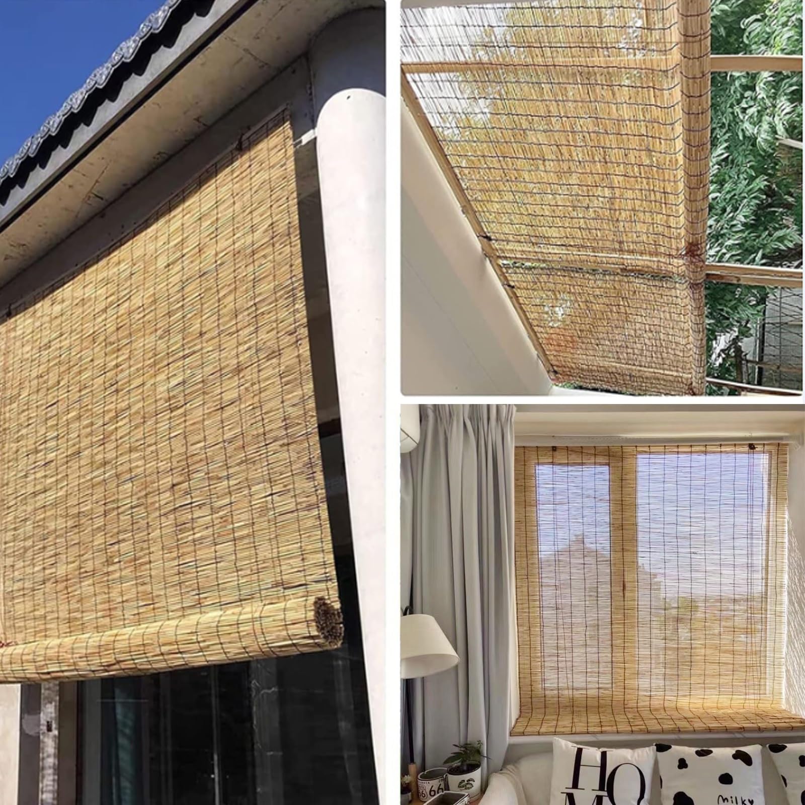 Rolety bambusowe do okien, zwijana kurtyna trzcinowa, zasłony filtrujące światło, dostosowane, tkane w naturalny sposób, do hotelu, salonu (140 x 250 cm (55 x 98 cali))