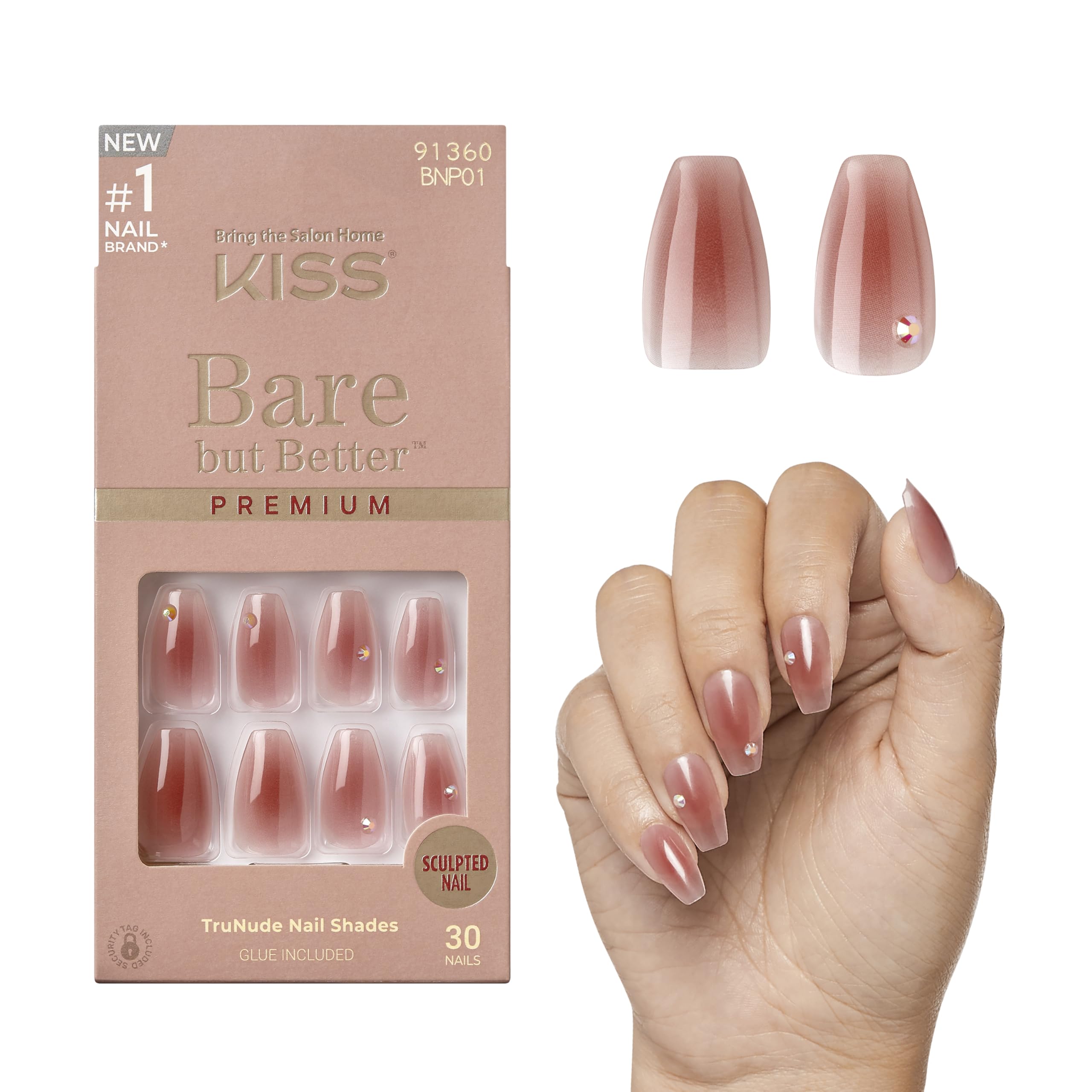KISS Bare but Better, Press On Nails, Nail glue included, 'Shine', Dark Pink, Medium Size, Coffin Shape, Includes 30 Nails, 2g Glue, 1 Manicure Stick,