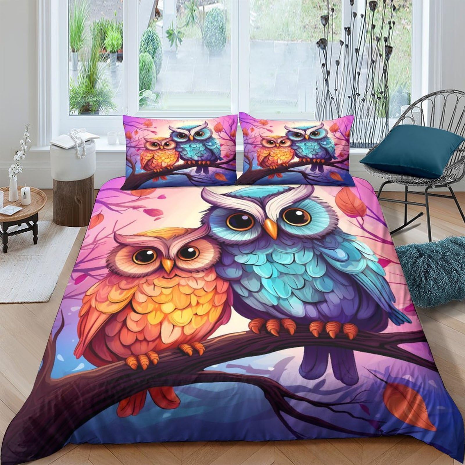 Ctjqhvkz Style-6 3D Printed Colorful Owl Fitted Sheet Microfiber Soft Anti-Slip Cartoon Bird Mattress Cover Bedroom Home Decor Single（135X200cm）