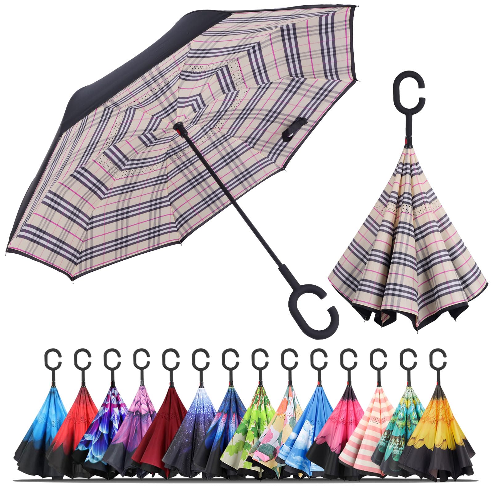 LLanxiry Windproof Inverted Umbrella, Large Reverse Umbrellas for Rain with C-shaped Handle Big Upside Down Inside Out Umbrella for Women & Men