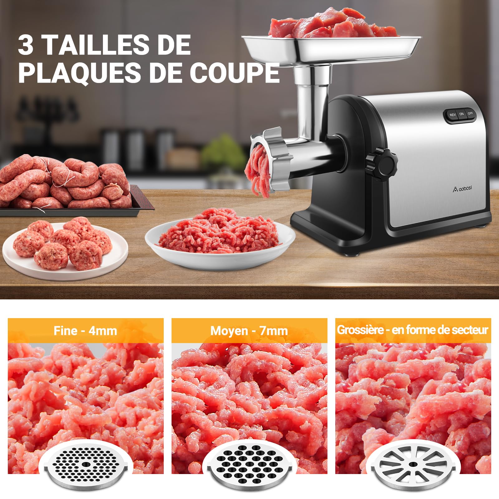 Hachoir a viande AOBOSI 3-IN-1 Hachoir à viande électrique avec 3 plaques de coupe en inox, 1 Kubbe et 3 tubes de remplissage pour saucisses, moteur [3000w Max], Hachoir avec lames.
