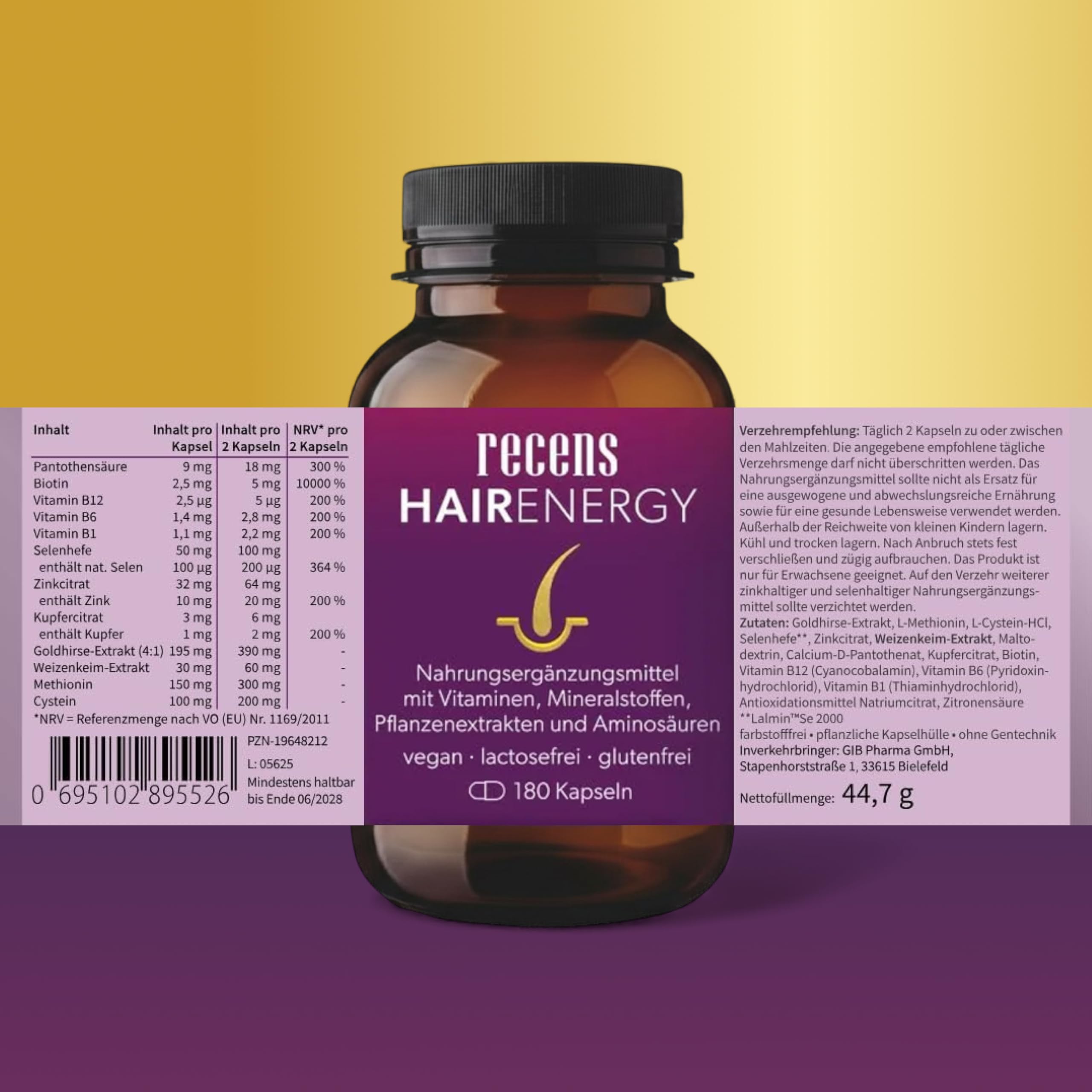 recens Hair Energy – Premium Haar-Vitamine mit Biotin, Zink, Selen, Aminosäuren & Pflanzenextrakten – Für die Erhaltung normaler Haare – vom Apotheker entwickelt – 180 Kapseln (3 Monate)