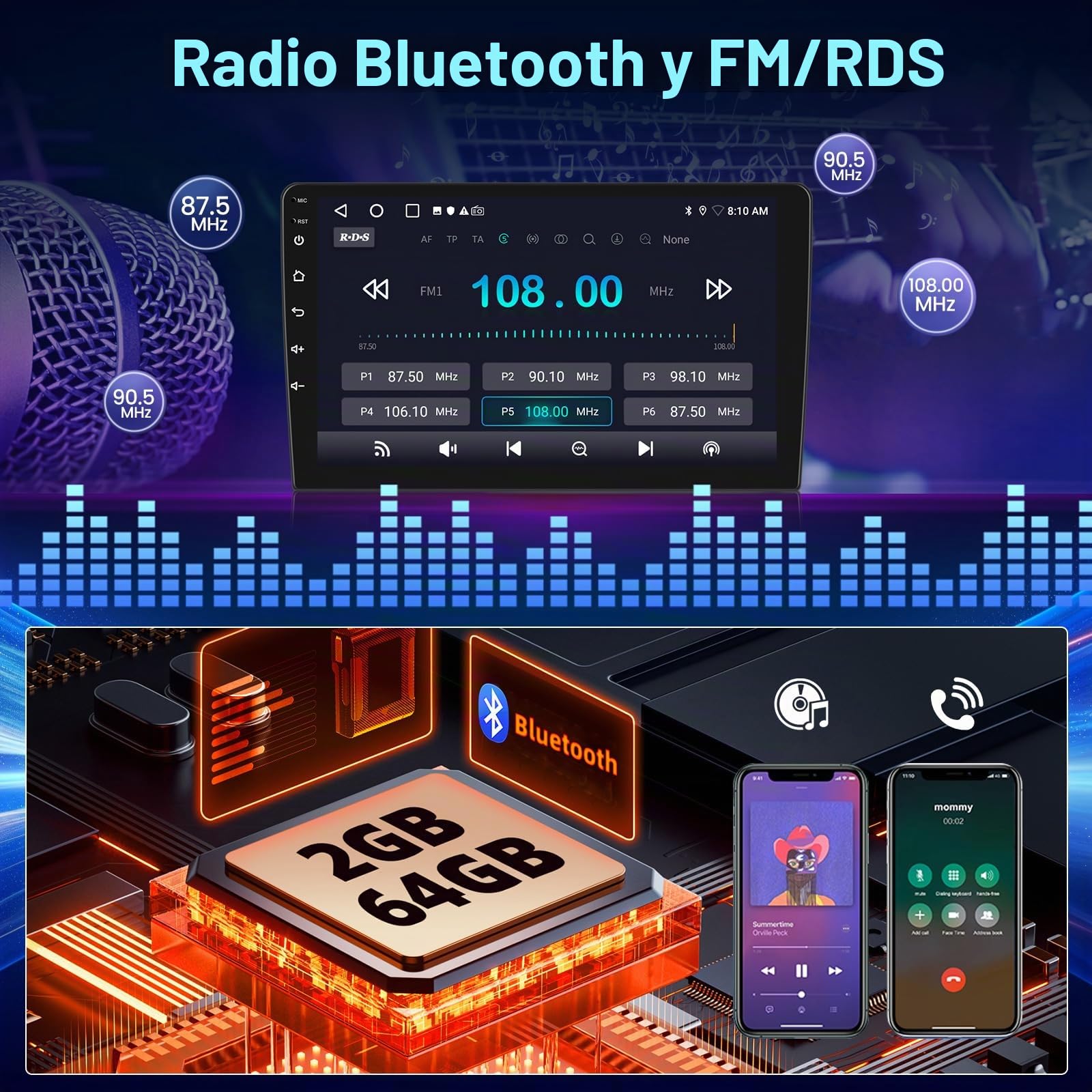 Radio Android 2+64GB para Peugeot 307 2002-2013, Pantalla Táctil IPS 9 Pulgadas con CarPlay & Android Auto Inalámbrico, GPS WiFi Bluetooth DSP + Cámara de Marcha Atrás & Micrófono