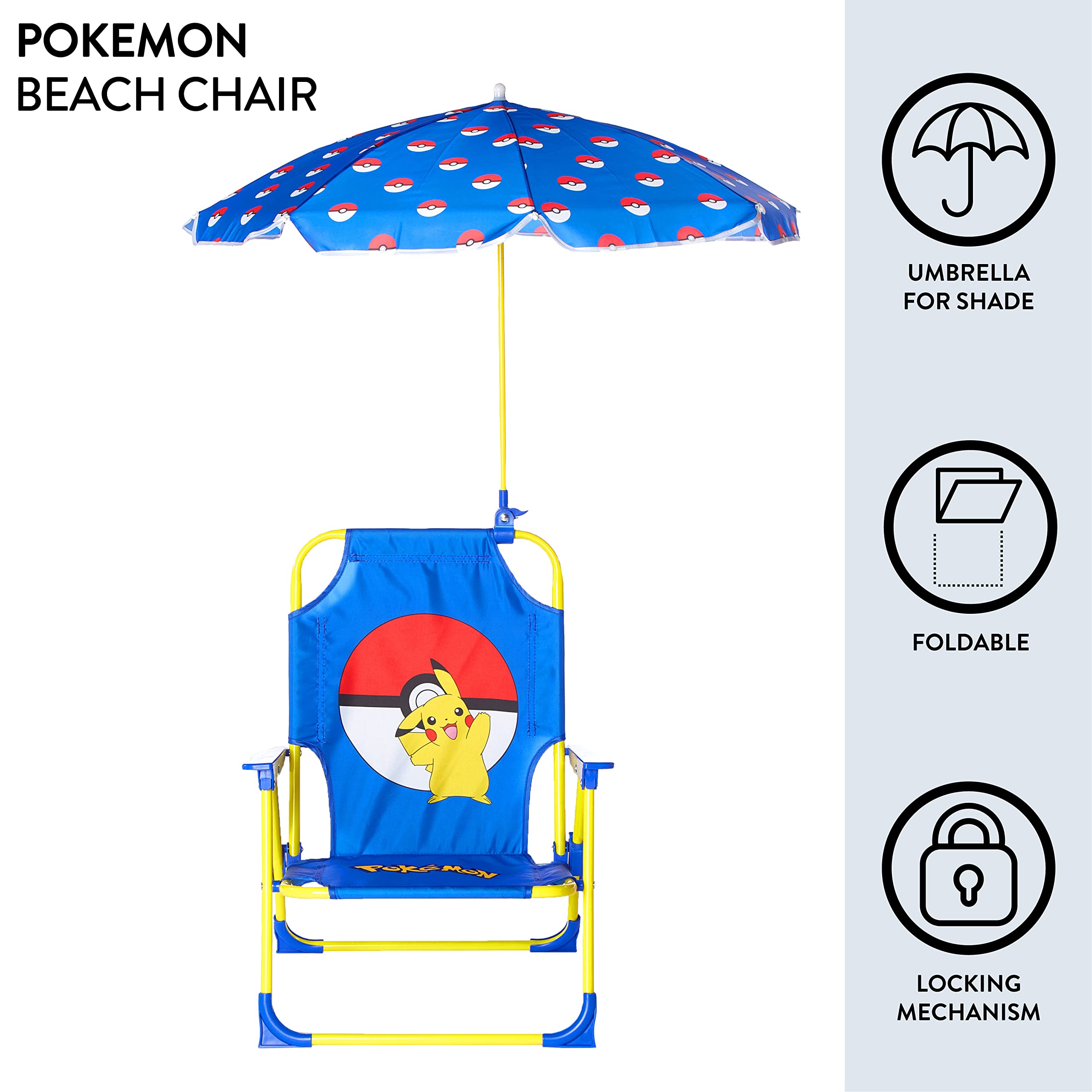 Idea Nuova Pokemon Kids Outdoor Folding Beach Chair with Umbrella, Ages 3+