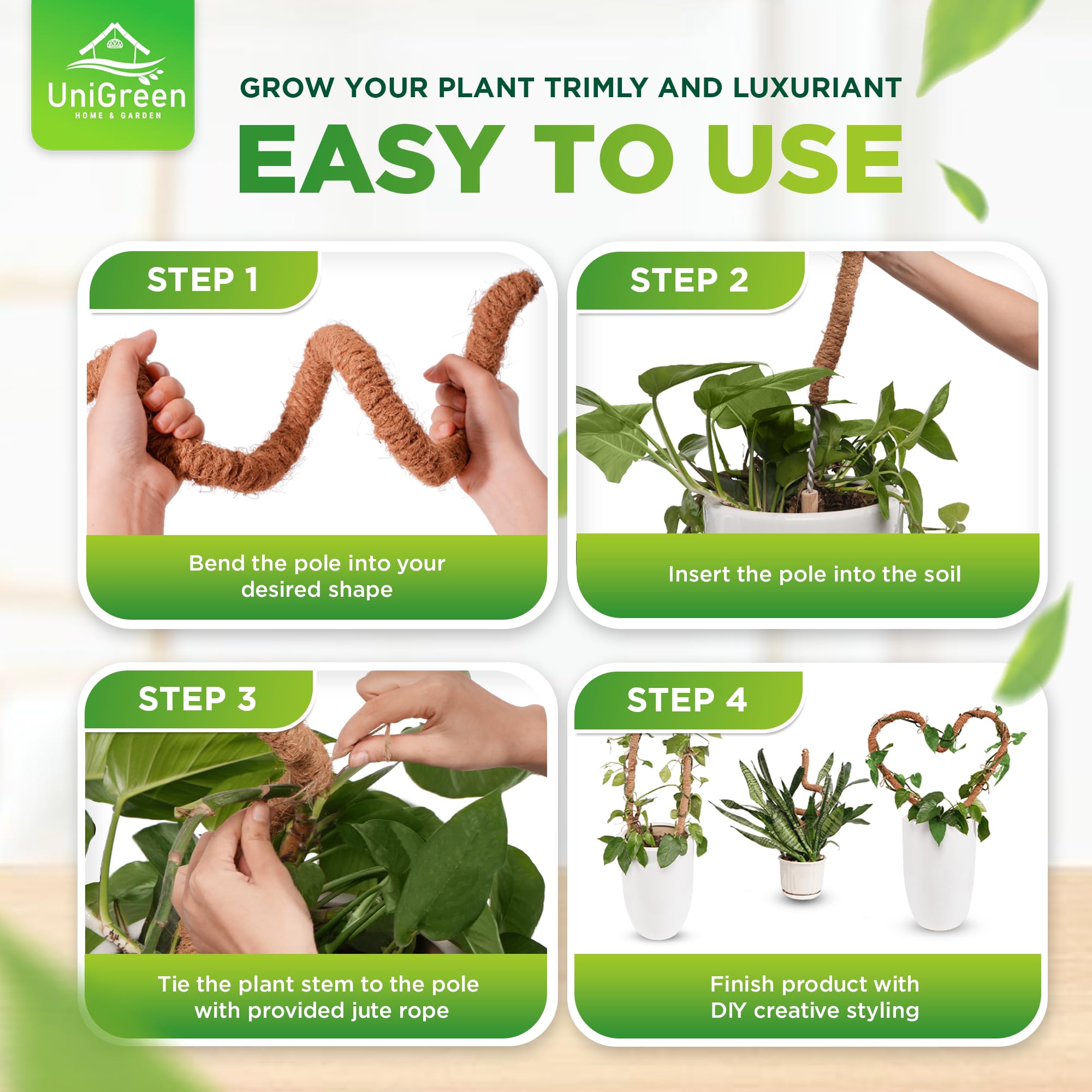 UNIGREEN - Paquete de 2 Postes de Musgo Flexibles 47 Pulgadas, Soporte para Plantas Monstera, Poste de Musgo para Plantas trepadoras, Soporte para Plantas de Interior/Exterior en