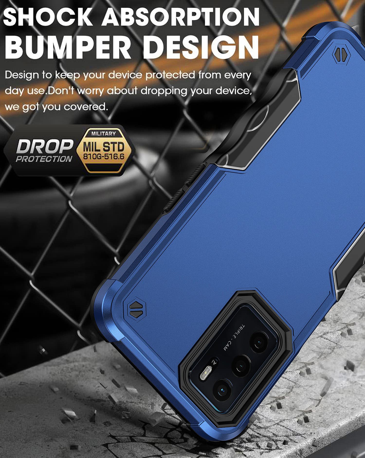 XYYDS Cover per OPPO A16 / OPPO A16S / OPPO A54S Rugged Armor Case, Custodia Antiurto Militare, Hard PC + TPU Silicone Antiscivolo Cover, Rinforzo dei Bordi - Blu scuro