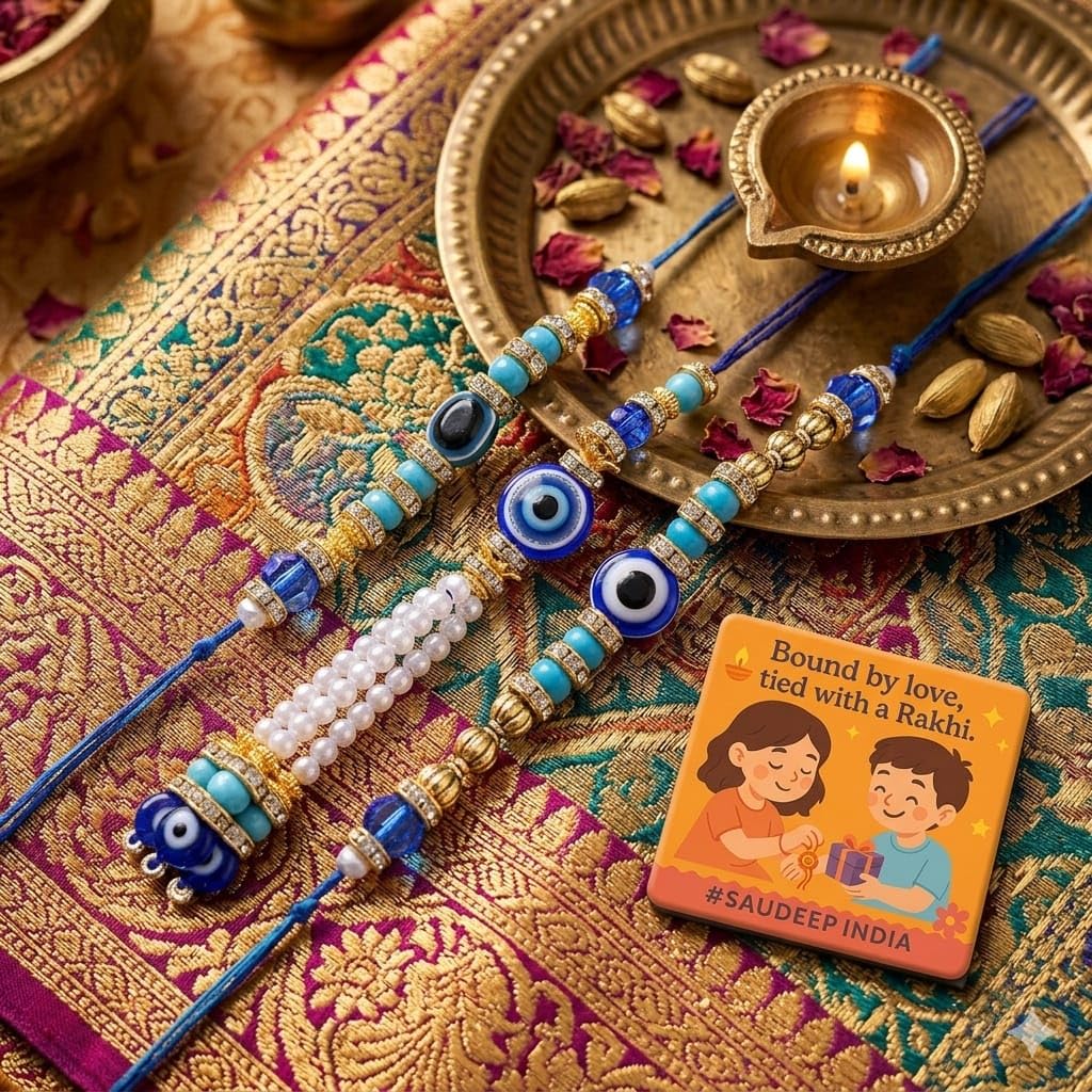SAUDEEP INDIA Decorative Fridge Magnet for Refrigerator Decor | Lumba Rakhi Set for Bhaiya Bhabhi | Raksha Bandhan Gift Combo | Cotton Thread Rakhi Festive Gift Home Decor(Evil Eye Couple)