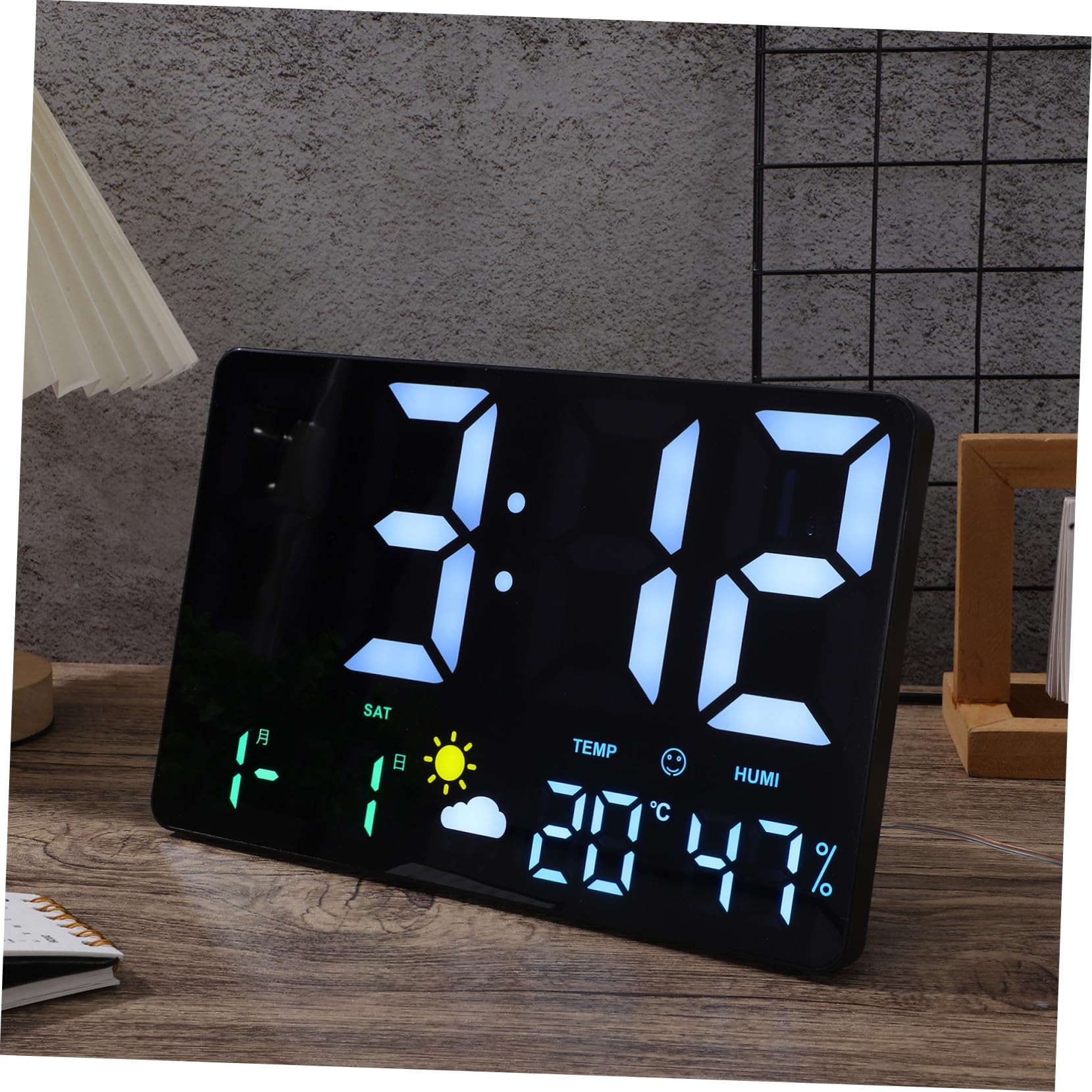BESPORTBLE Digitale Wanduhr mit LED Display aus Kunststoff Temperatur und Luftfeuchtigkeitsmessung Wetterstation für Wohnzimmer mit Mehrfarbiger Beleuchtung und Weckerfunktion