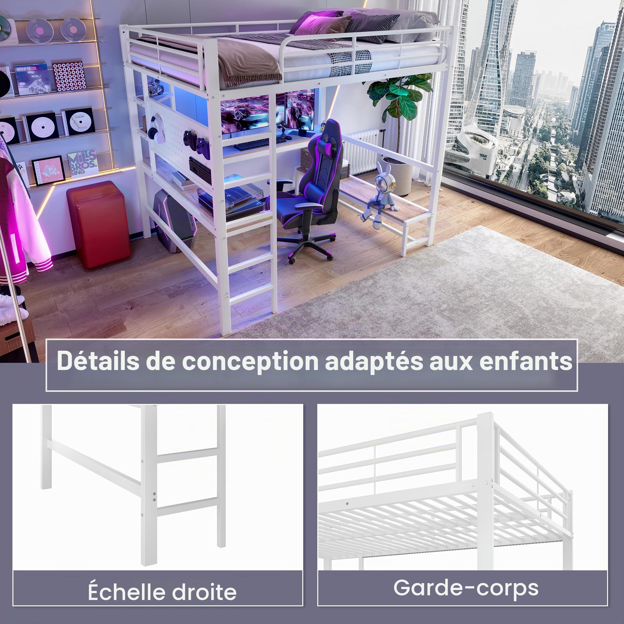 Lit mezzanine 140x200cm, avec port USB et lumière LED, lit en fer avec bureau, étagères de rangement et panneau suspendu, lit double avec barrières de sécurité et échelles,blanc(matelas non inclus)