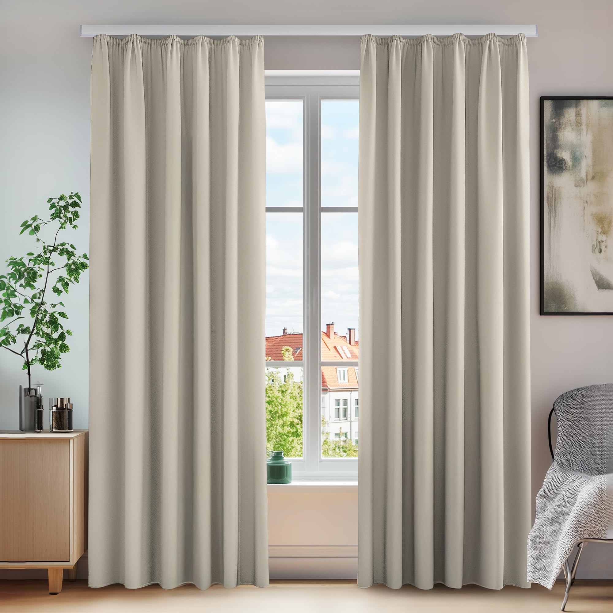 Deconovo Vorhang Blickdicht Gardinen Wohnzimmer Lärmschutz mit Kräuselband, 260x140 cm(HöhexBreite), Creme, 2er Set