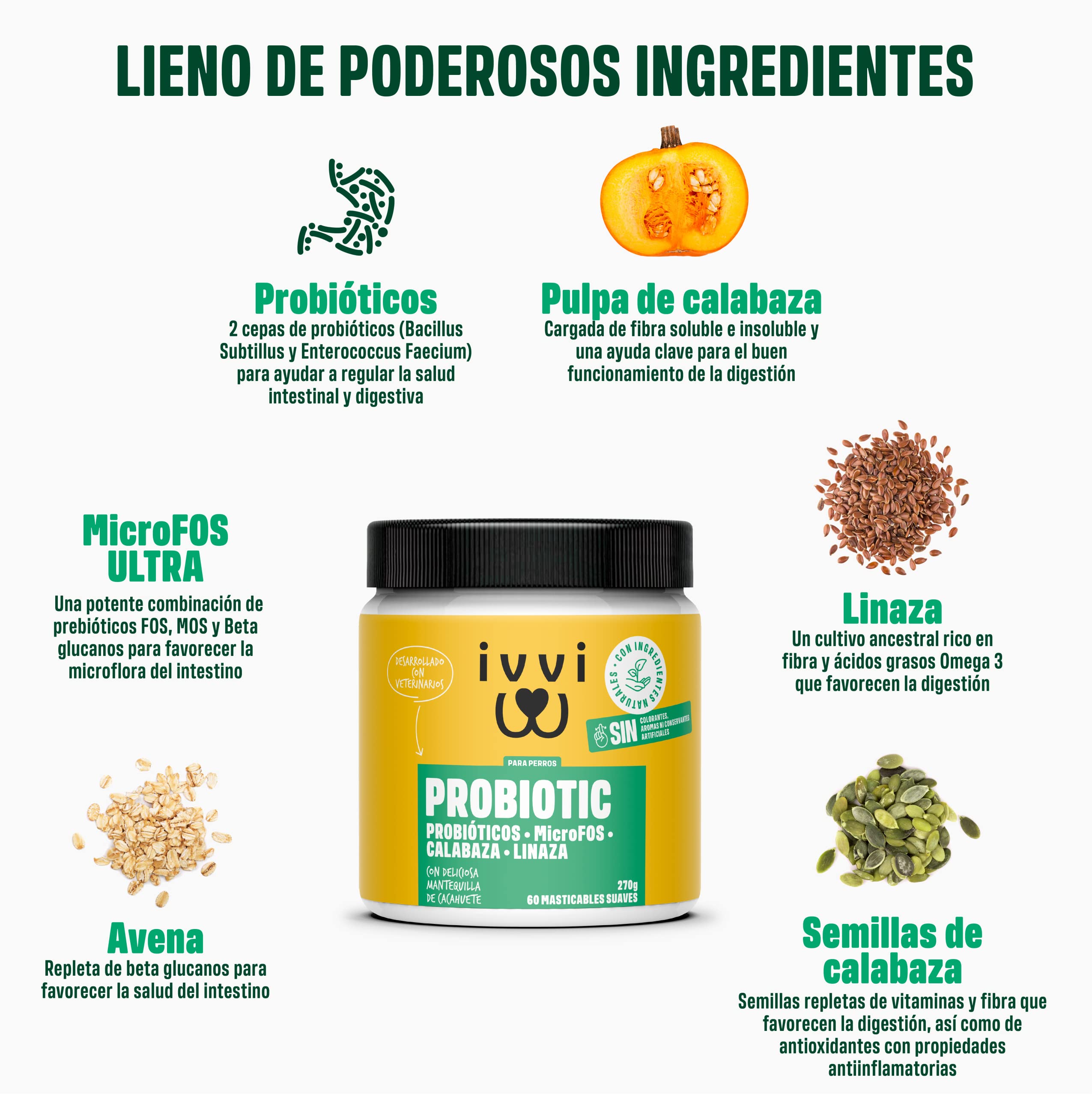 ivvi Probiotic Complemento Alimenticio para Perros Bienestar Digestivo – Probióticos, Calabaza, Avena, Semillas de Lino y Calabaza - 60 Deliciosas Golosinas Vegetarianas, 270g