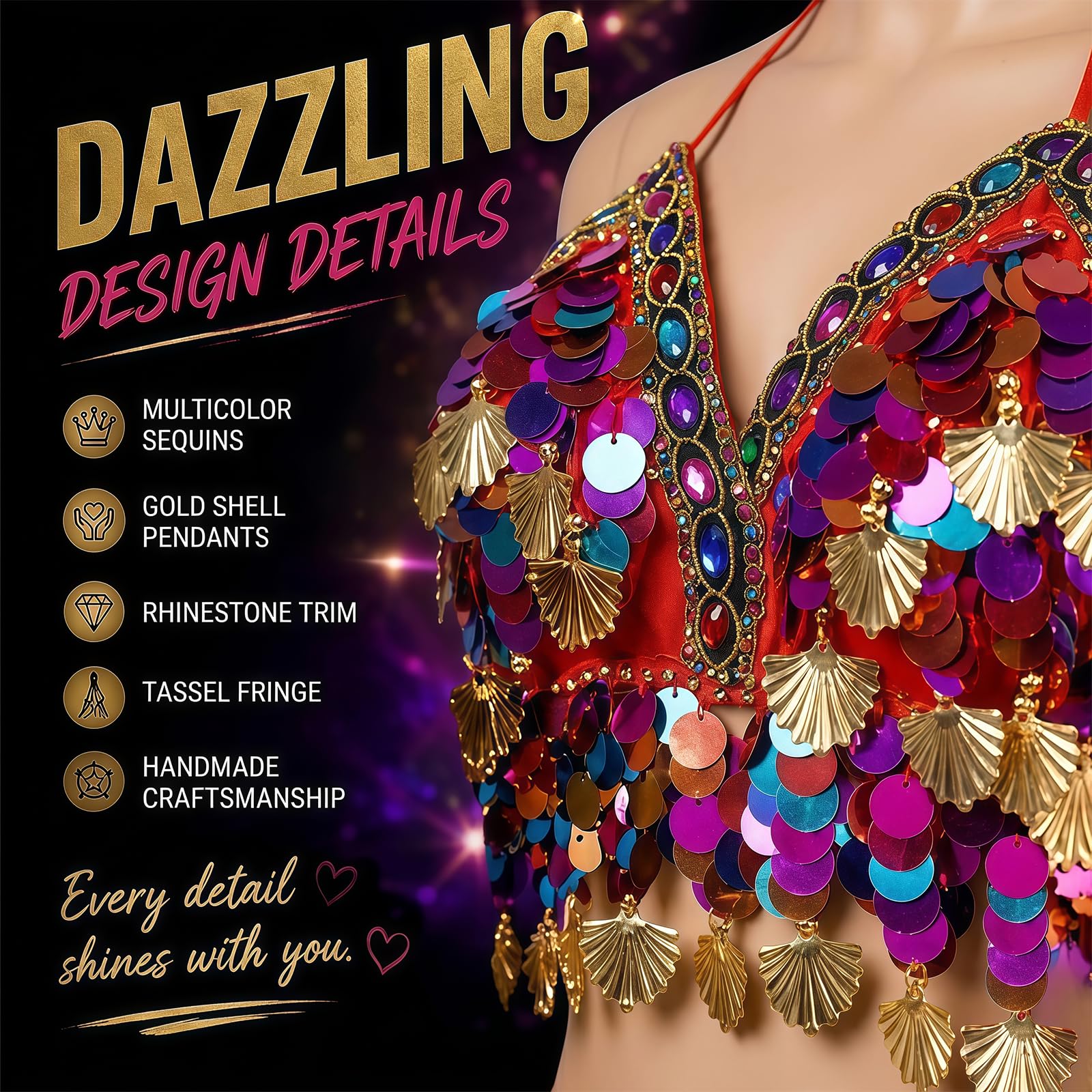 Baisdan Women's Belly Dance Sequin Halter Top with Gold Shell Tassels, Festival Outfit for Rave Carnivals - Image 5