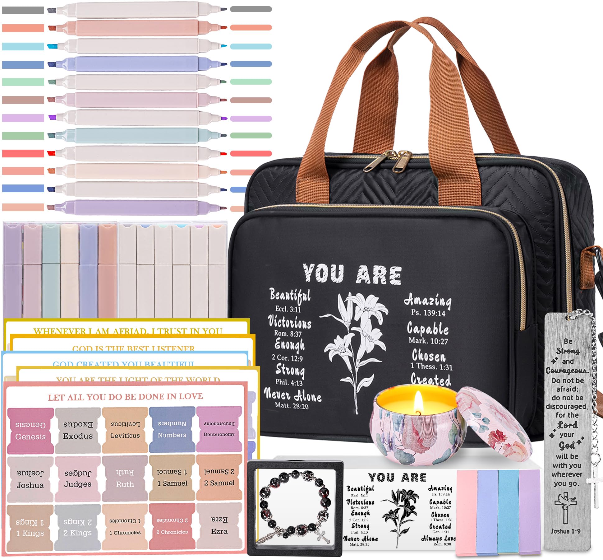 TuErcao Christian Gifts for Women, Bible Bag with Christian Bookmarks, Prayer Bible Verse Bracelets and Study Supplies Kit with 75 BibleTabs, 12 Highlighters Spiritual Gifts for Mom