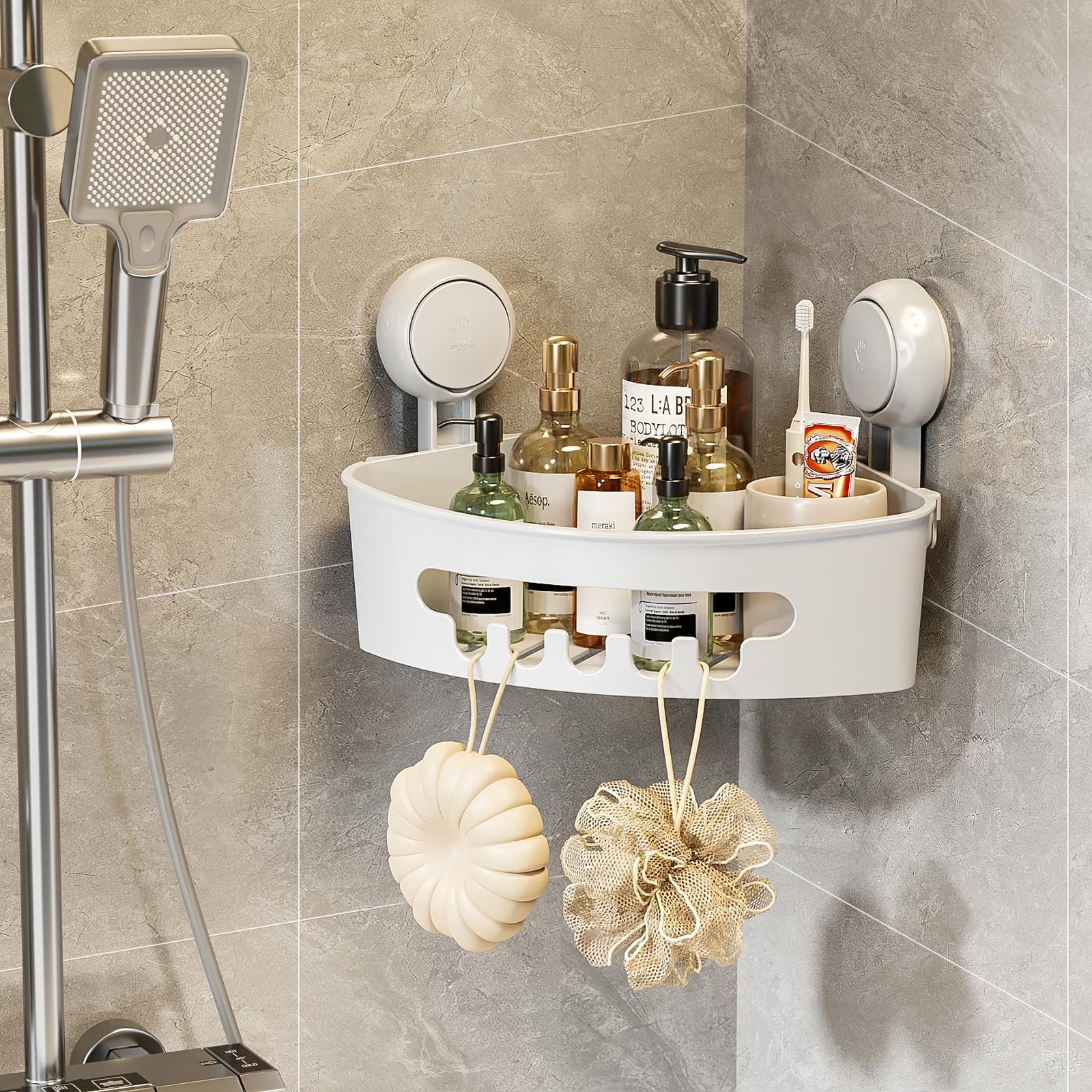 LEVERLOC Corner Shower Caddy Suction Cup, Small Bathroom Shower Shelf Storage Basket, Heavy Duty Wall Mounted Organizer for Shampoo,Conditioner, Plastic Shower Rack for Kitchen,No-Drilling Removable