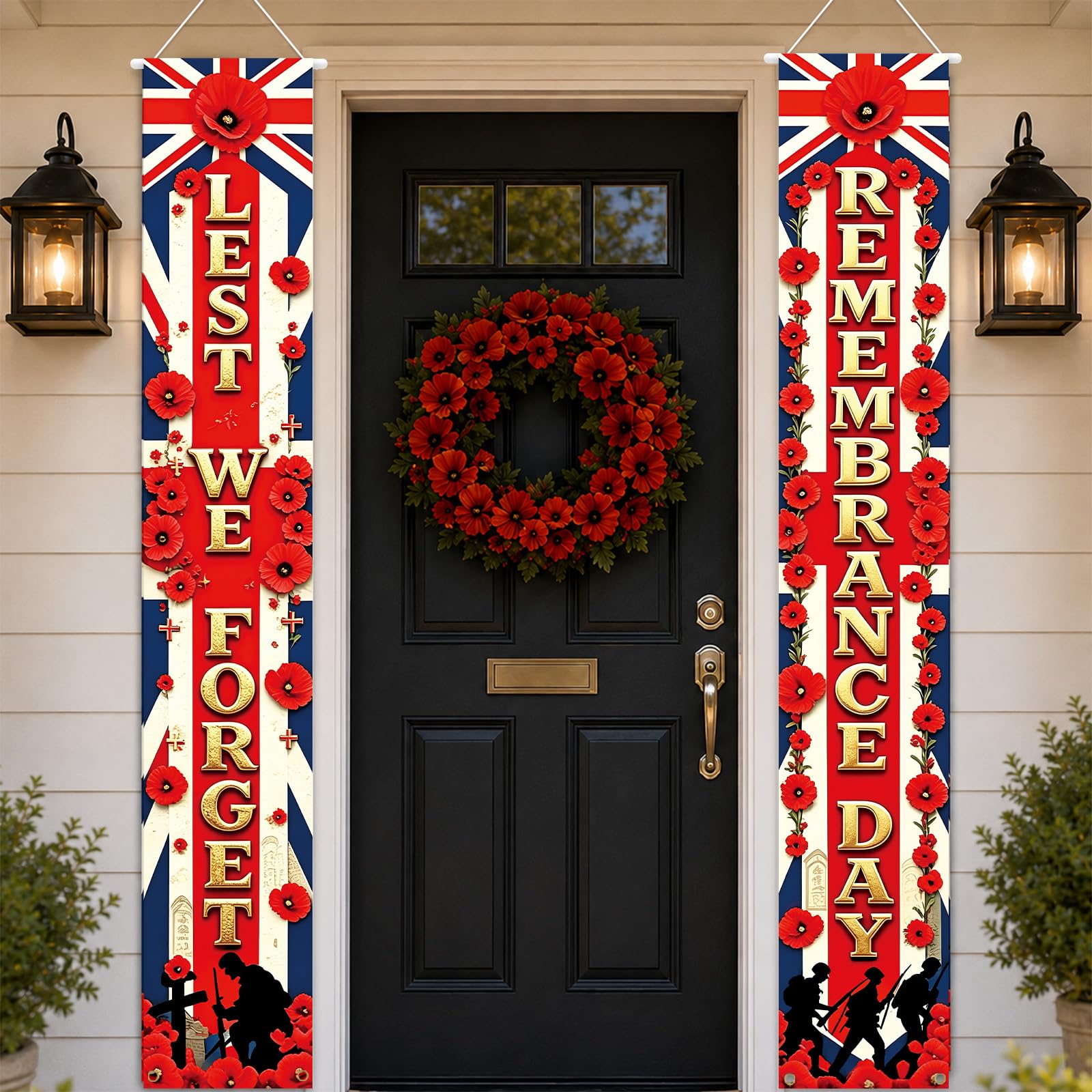 Remembrance Day Porch Banner with Poppies & Soldier Door Decor