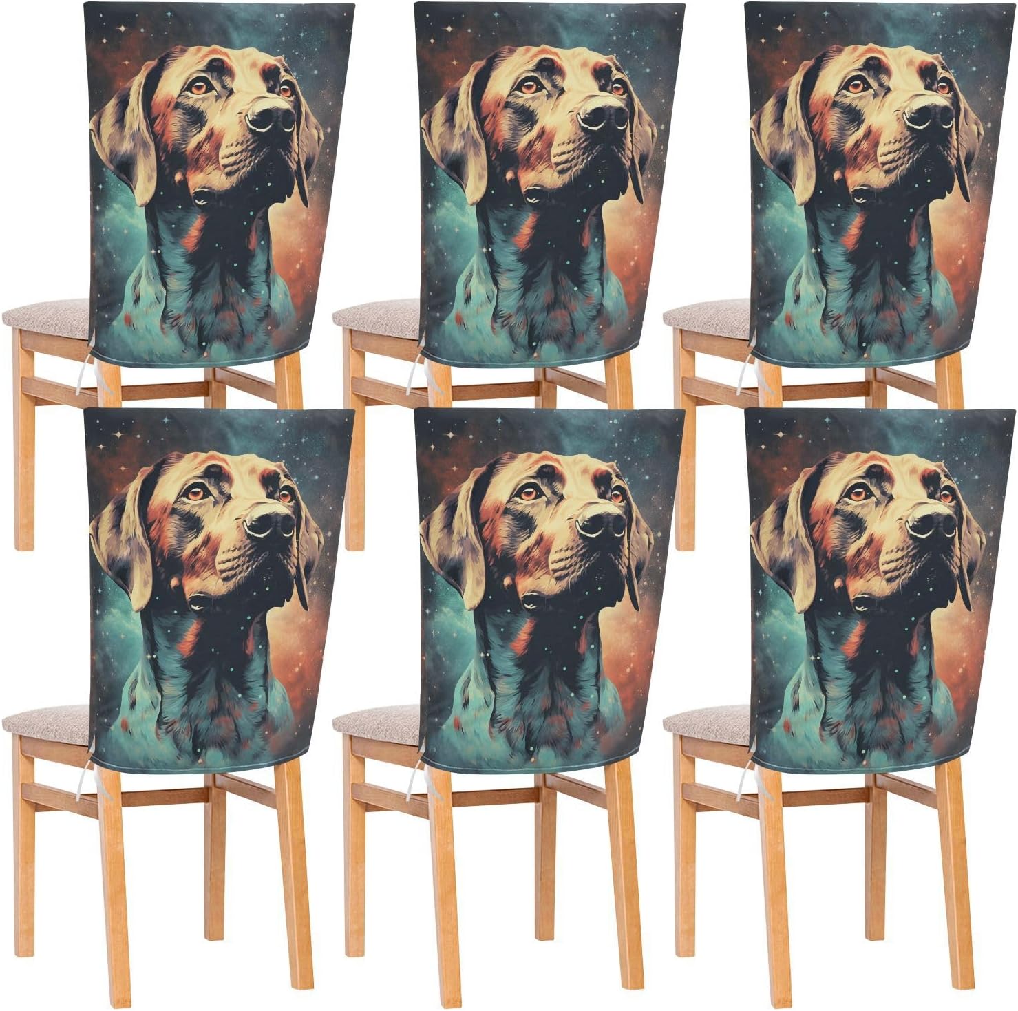 ALAZA Vintage Dog and Galaxy Chair Back Cover Set of 6, Washable Reusable Removable Chair Slipcovers Decorative Chair Cover for Home Kitchen Wedding Party