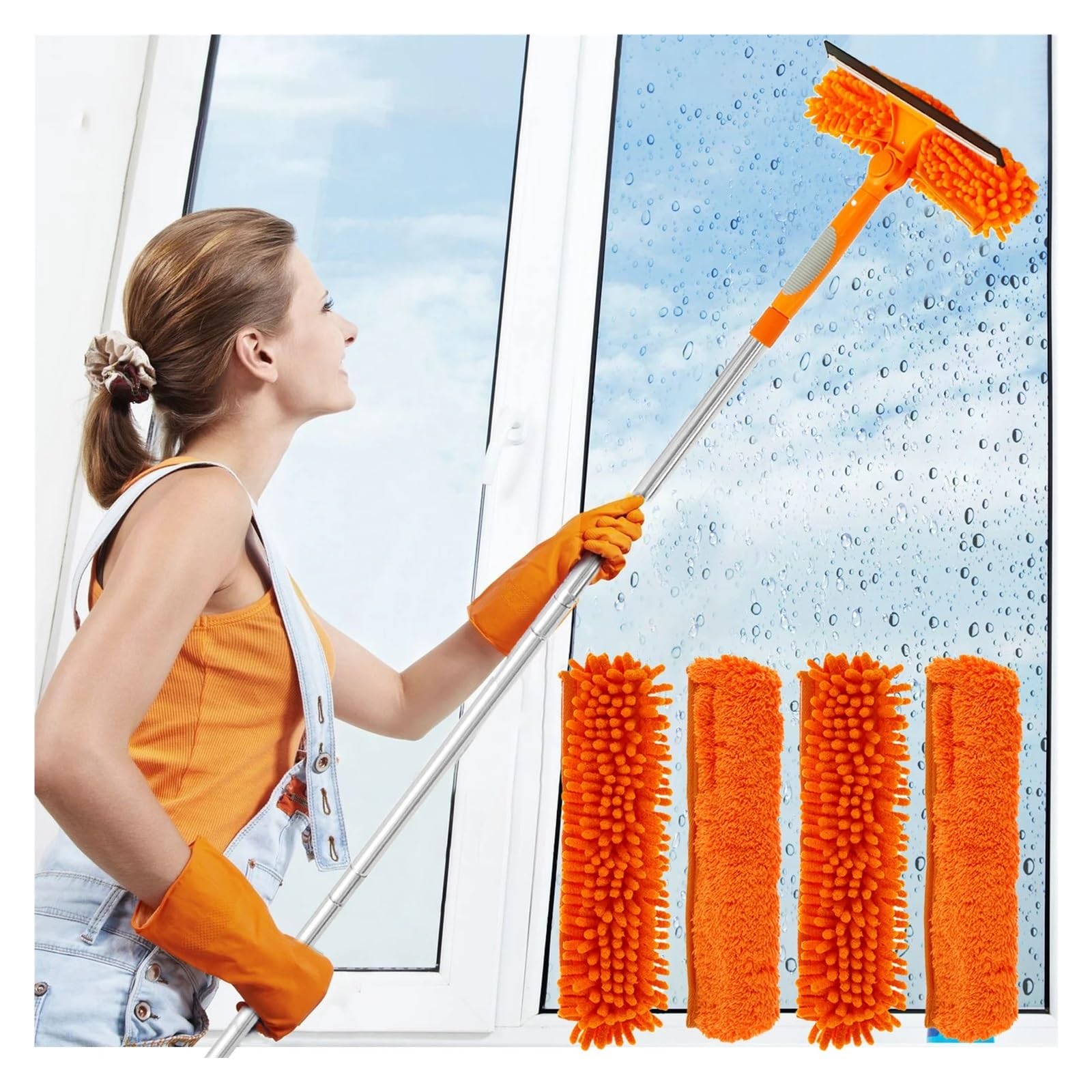 Limpiaparabrisas de Ducha Limpiador de Ventanas 2 en 1, Escoba, fregona, extensión 72 Pulgadas, Mango Largo, for Ducha, hogar, Juego Herramientas Limpieza Puertas Vidrio(4Pcs Cleaning Cloth)