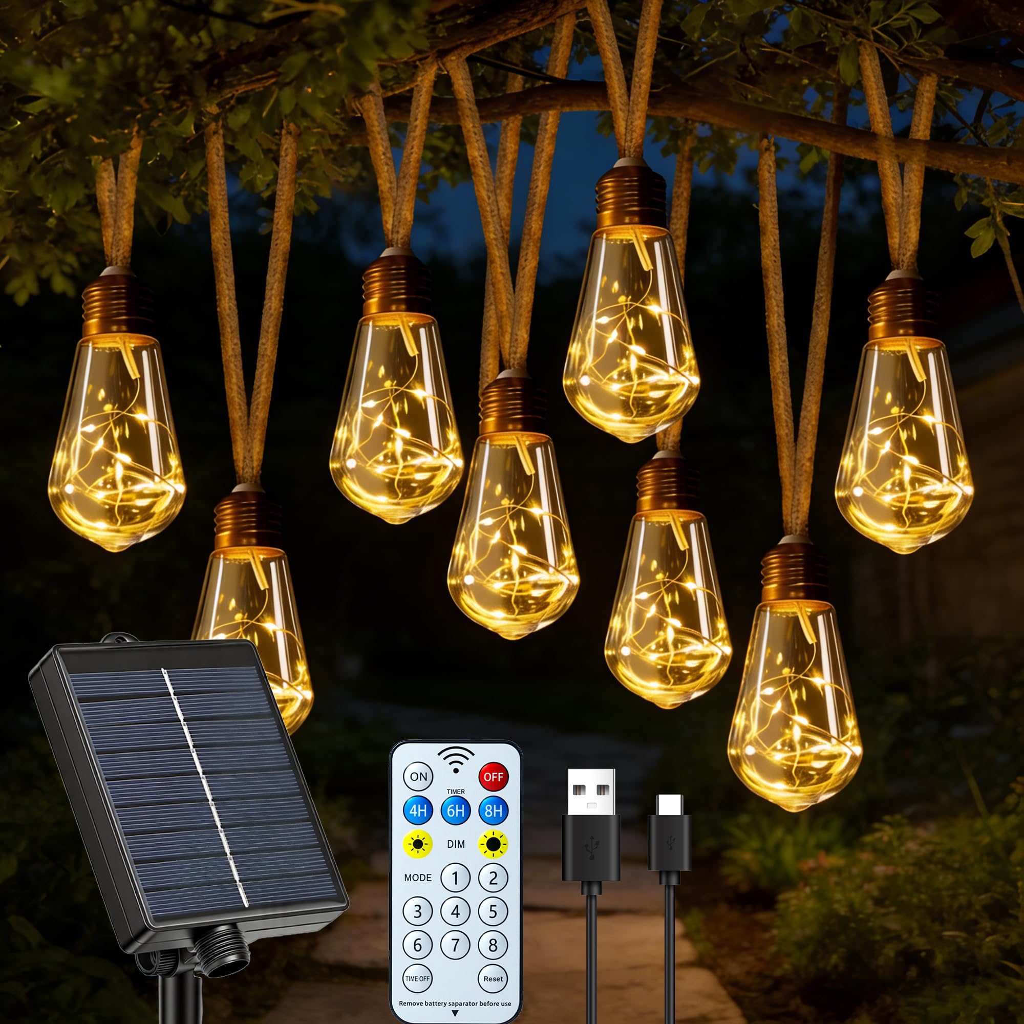 Solarleuchten für den Außenbereich, 20 S17-Glühbirnen, 10 m Hanfseil mit Fernbedienung, USB- und solarbetriebene, bruchsichere Soffittenlichter, wasserdicht, 8 Modi, Lichterkette für Balkon
