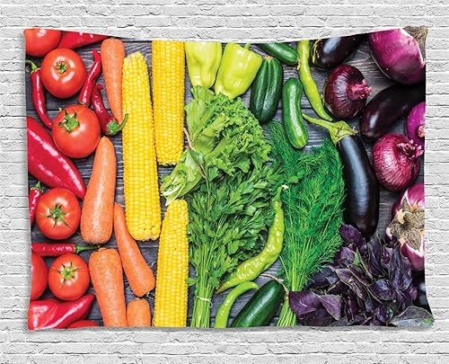 Miniatura 1 de Lunarable Vegetables Tapestry, Top View of a Table Full of Fresh Nutrition Pepper Tomatoes Carrots Cucumbers, Wide Wall Hanging for Bedroom Living