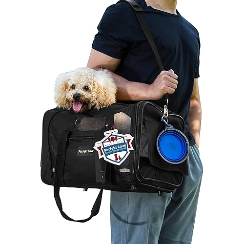 Perfekt Love Portable Cat Carrier Folding Dog Soft Sided Travel Carrier Bag with Pet Pad Pet Carrier Airline Approved for Small Cats Dogs Puppies with Foldable Bowl Black Medium
