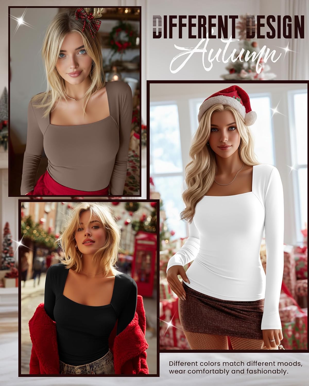 3 Pack Women's Square Neck Long Sleeve Tops, Double Lined Slim Fit Shirts Basic Trendy Going Out T Shirts - Image 2