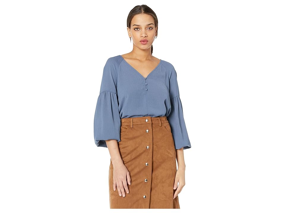 

1.STATE Long Sleeve Three-Button Gauze Texture Blouse (Antique Blue) Women's Blouse, Navy