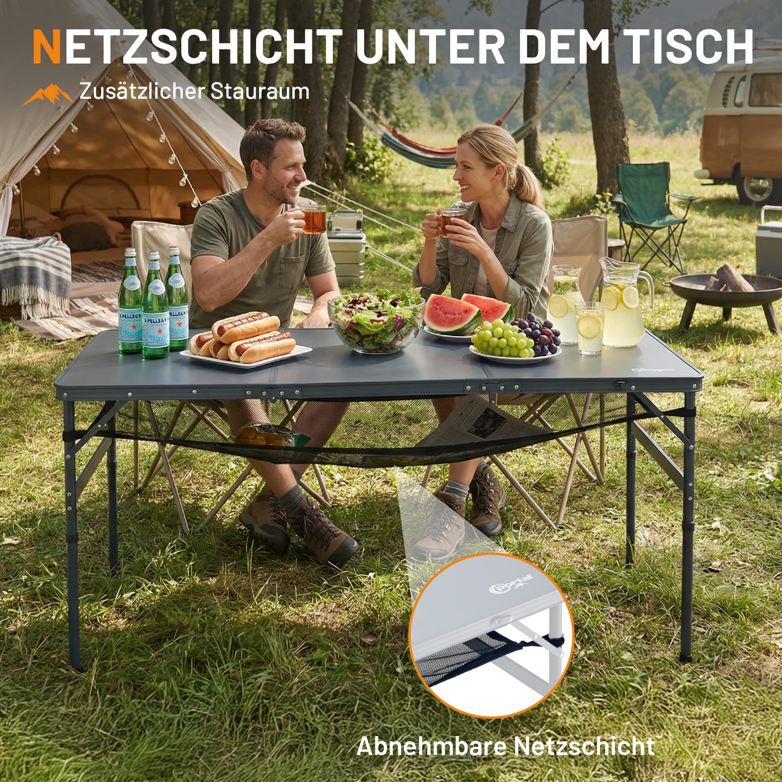Portal Faltbarer Campingtisch 150x60cm Höhenverstellbar Robuster Klapptisch mit Tragegriff & Ablagenetz Platzsparender 3-Fach Falttisch inkl. Tasche Ideal für Garten, Party, BBQ & Outdoor