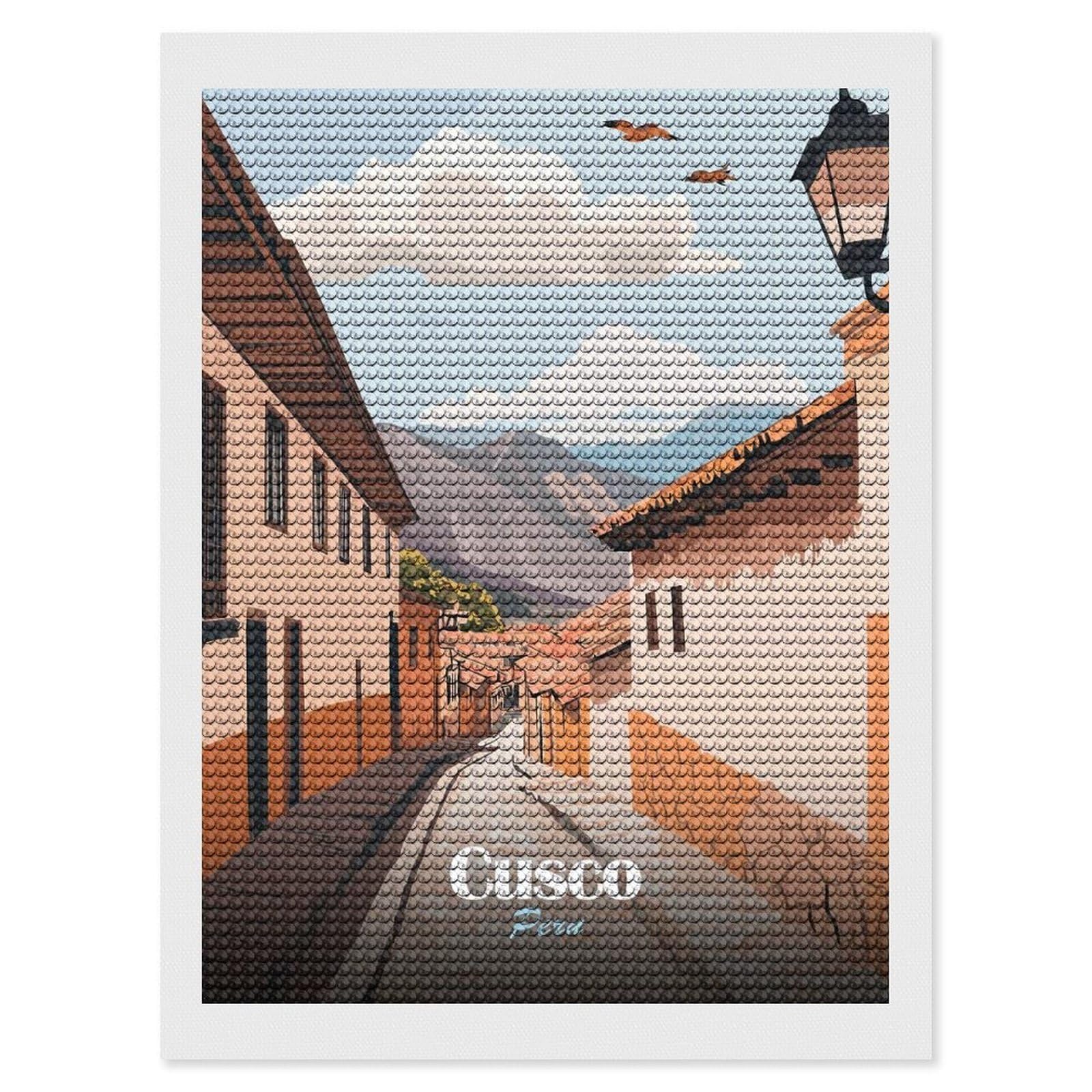Junmoney Cusco, Peru Street View Illustration Diamond Art Canvas 12"x16", for Family Craft Time, Creative Leisure Activity, Living Room Decor, Festive Craft Gift