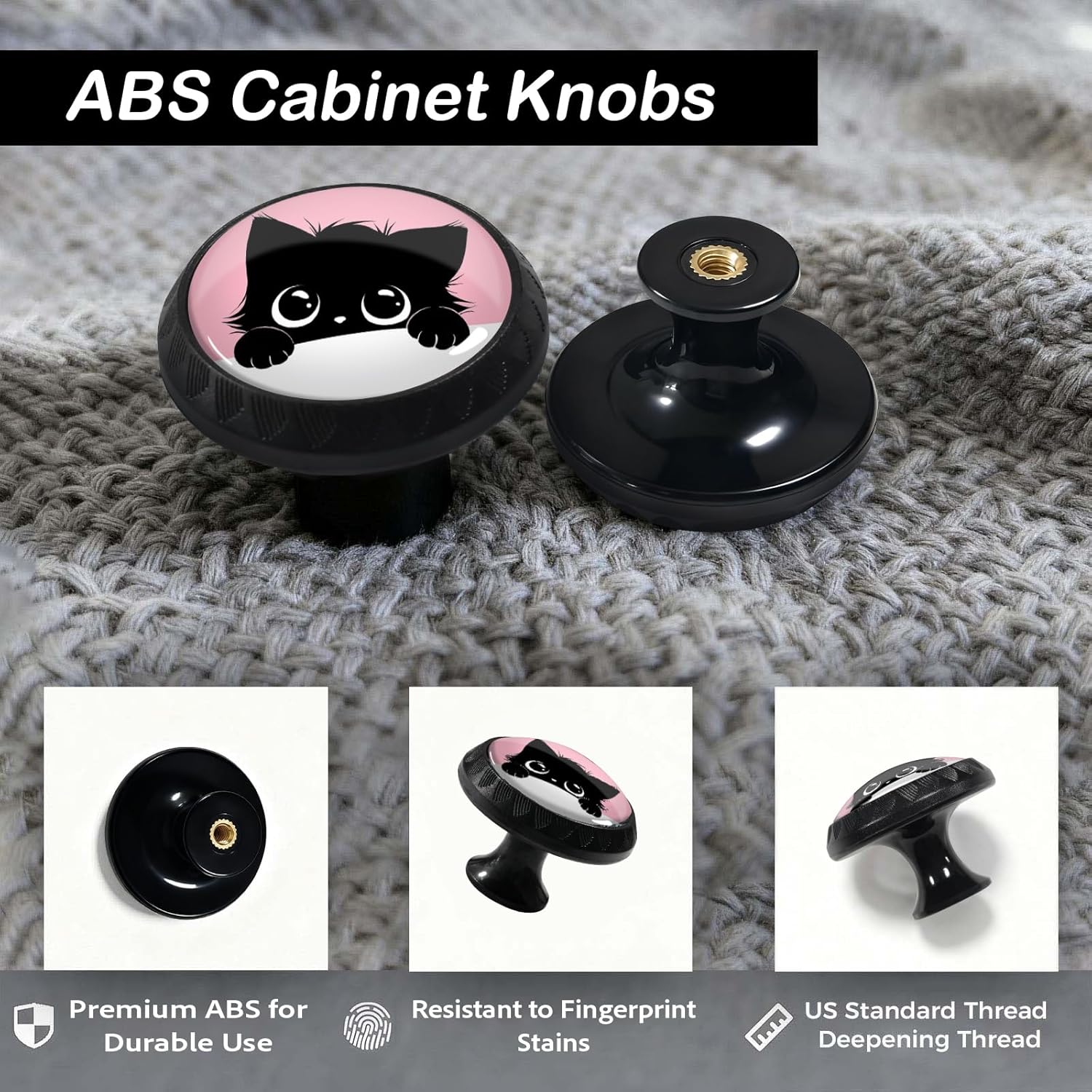4 Pack Cute Black Cat Cabinet Knobs Round Drawer Pulls Cat Dresser Knob Cupboard Door Handles Hardware for Kitchen Bathroom Cabinets