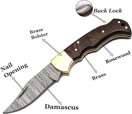 Miniatura 4 de Sky Knives Cuchillos de caza plegables hechos a mano de acero de Damasco de 6.5 pulgadas para hombres, navaja de bolsillo para acampar,