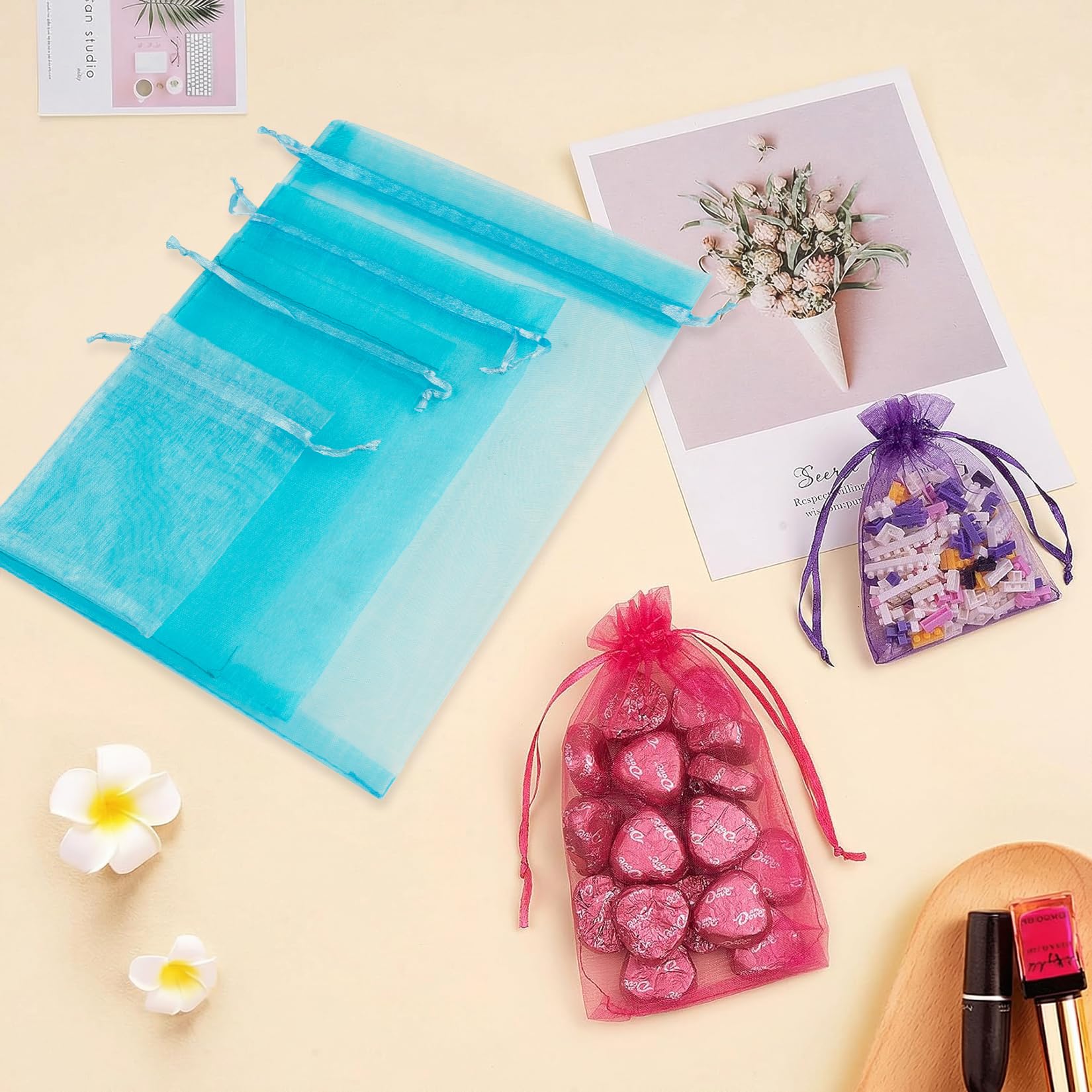 Crweety 50 sztuk niebieskich torebek z organzy jezioro 10 x 15 cm, małe siatkowe woreczki prezentowe ze sznurkiem, elegancka pusta torba zapachowa na biżuterię, ślub, przyjęcie urodzinowe i cukierki