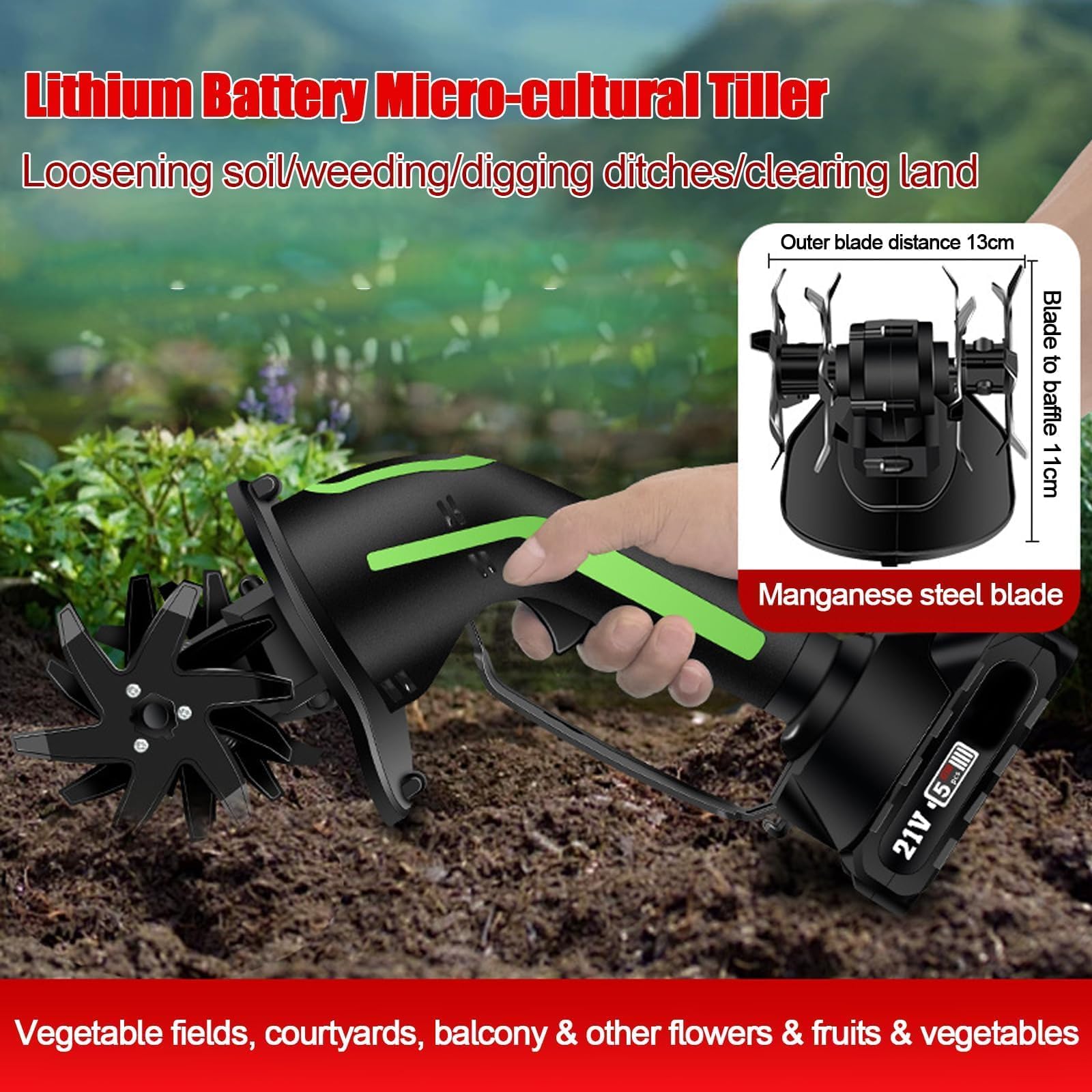 Mini Coltivatore A Batteria 21v, Motozappa Elettrico Da Giardino Con 2 Batterie E Asta Lunga, Diserbo Manuale Con Micro Motozappa, 235 Giri/min, Larghezza E Profondità Di Lavorazione 10 Cm 2Battery