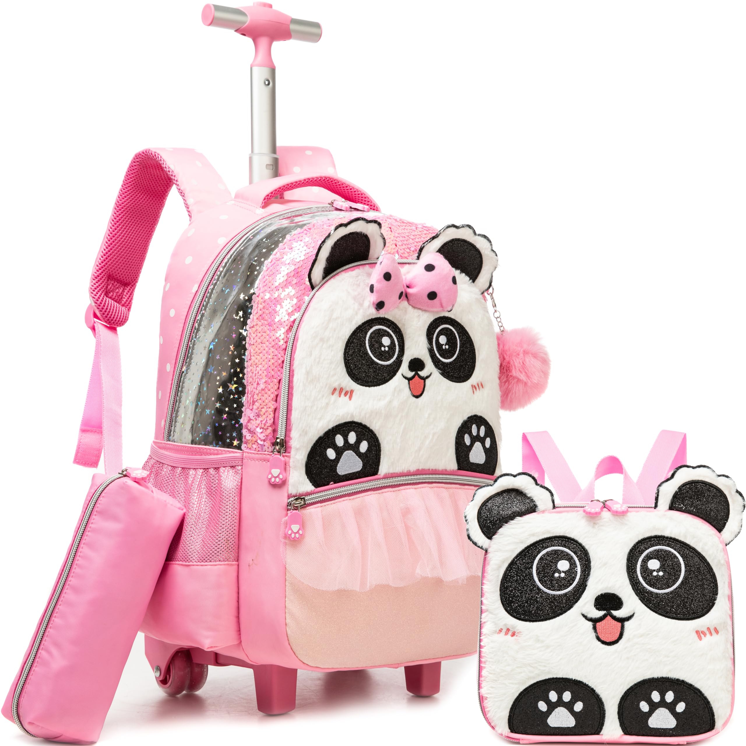 Meetbelify Rolling Backpack for Girls School Backpack with Lunch Box for Elementary Student Wheels Trolley Luggage