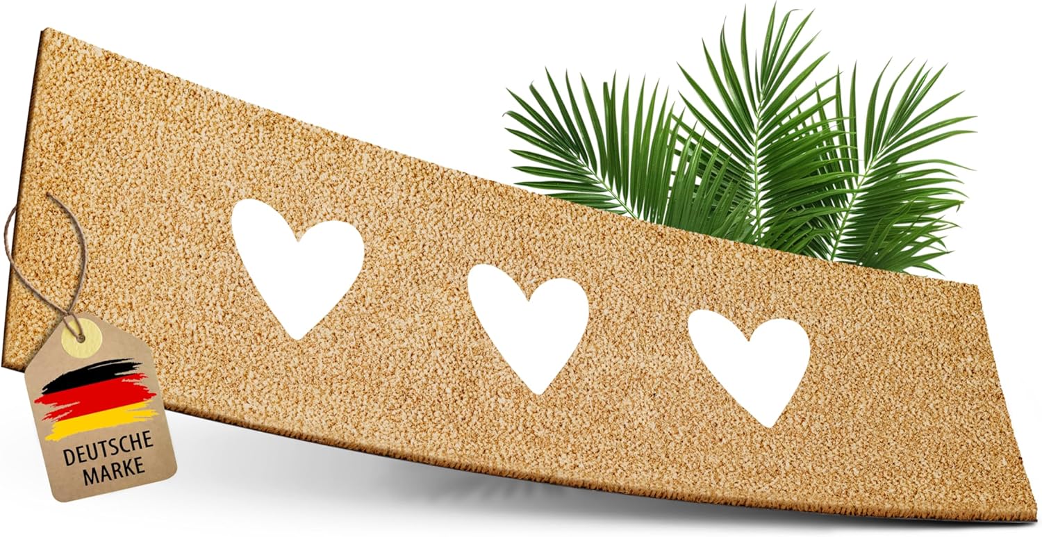 ElbFuchs® Coconut Doormat 75 x 25 cm with Hearts Further Sturdy and Non-Slip Coconut Mat Outside and Indoor Door Mat for Entrance Door