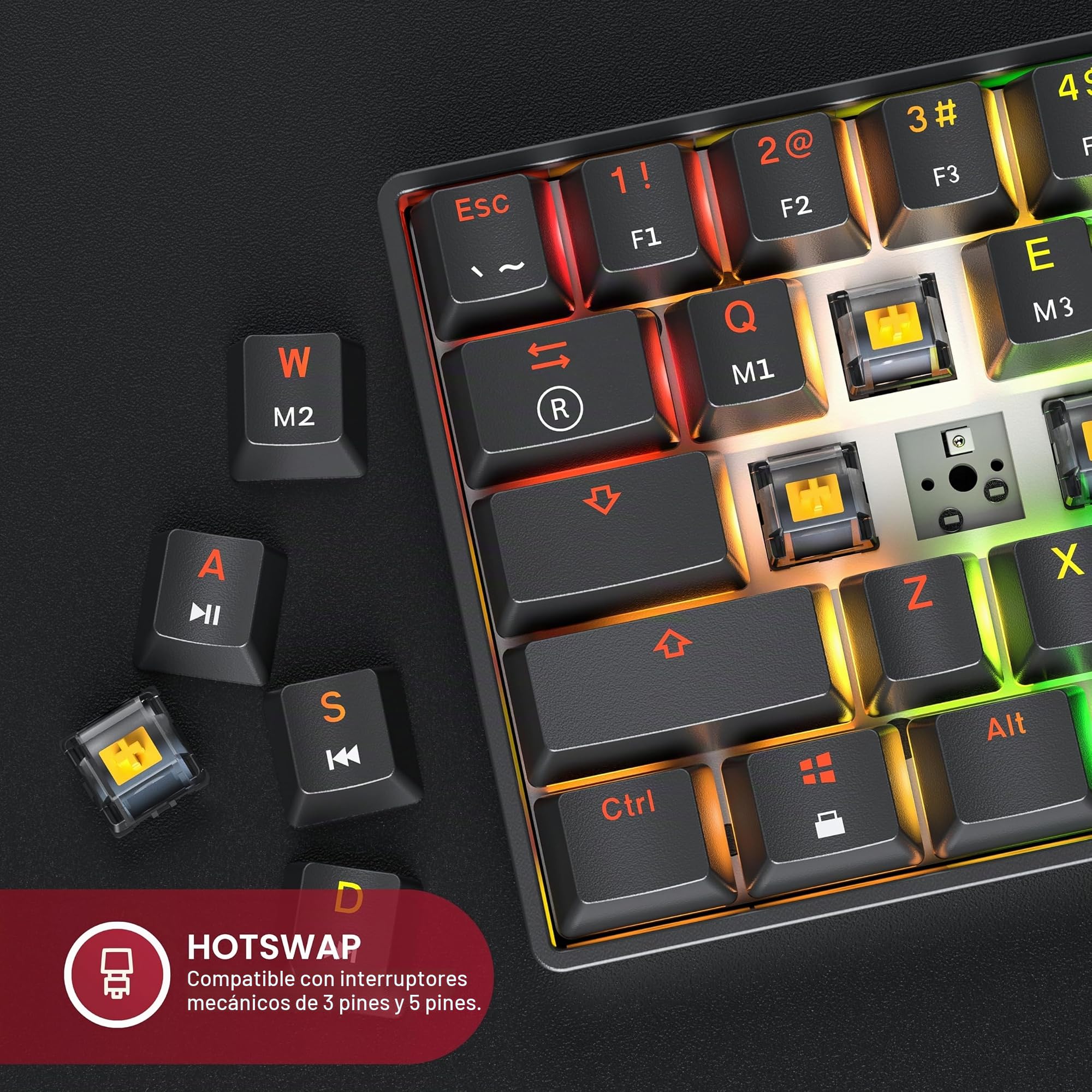 GK61s, Teclado mecánico para gaming, 61 teclas multicolor RGB, con retroiluminación LED, con cable, programable, para jugadores en PC y Mac