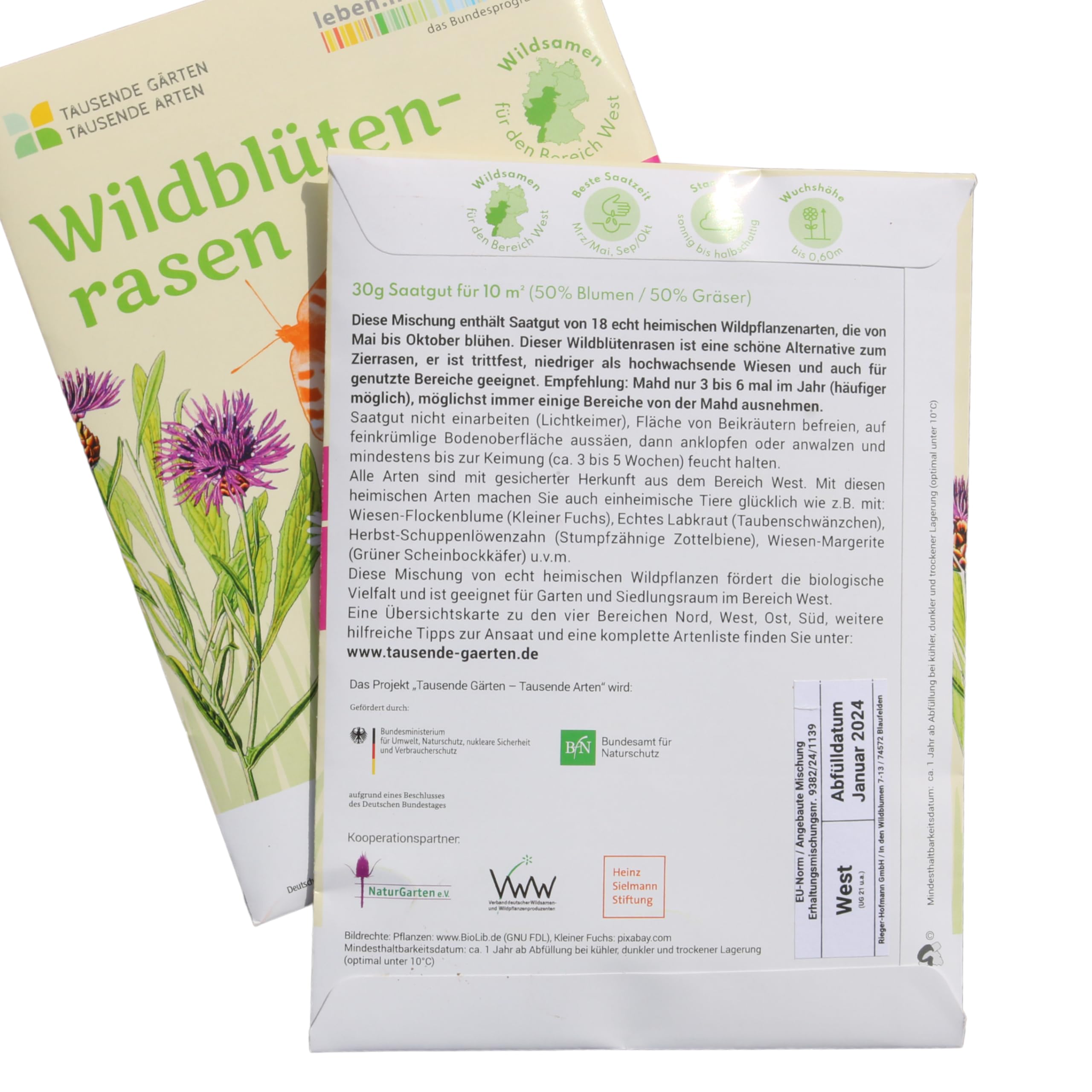 Wildblütenrasen | Alternative zu Zierrasen | Saatgut mit 18 heimischen Wildpflanzenarten (50% Blumen / 50% Gräser) | Blütezeit: Mai - Okt. | trittfest | Projekt "Tausende Gärten – Tausende Arten" (5)