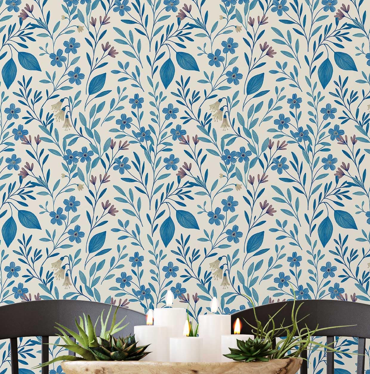 Papel tapiz de vinilo autoadhesivo S4Sassy azul con estampado de hojas y vides para pared