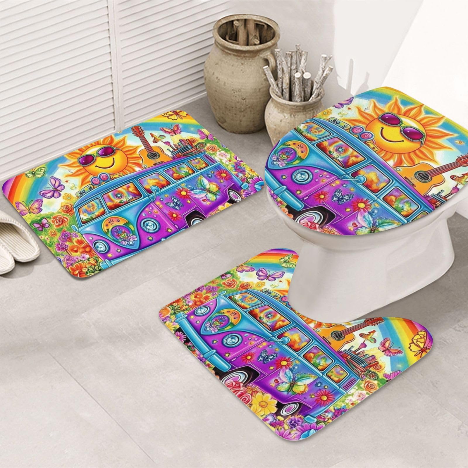 Juego de alfombras de baño con estampado de camión hippie de 3 piezas de microfibra suave