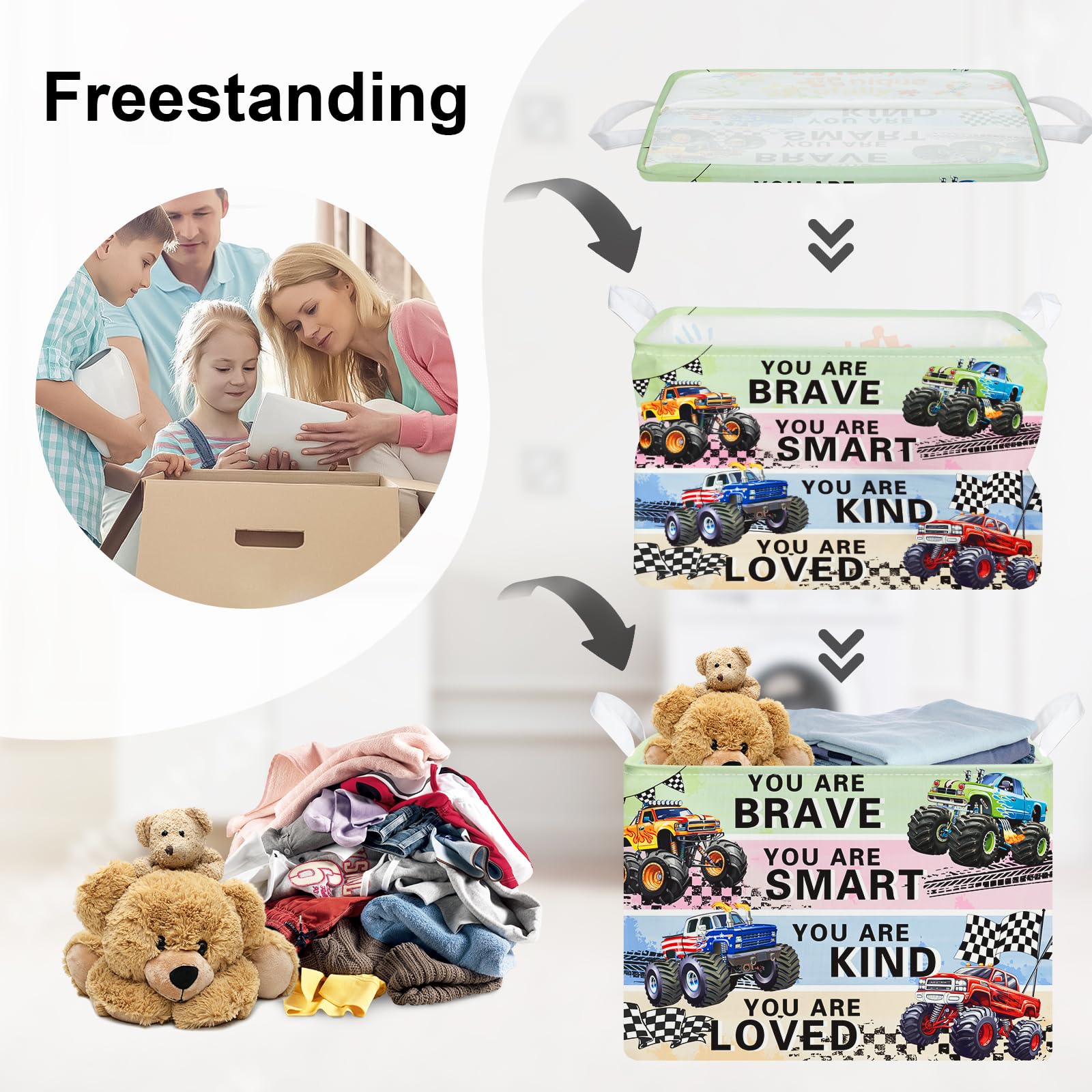 HUUMONSS Cartoon Cars Storage Basket for Parents Organizing Kids Toys Clothes Large Boys Gift Toy Box Bin Laundry Hamper for Bathroom Shower,Monster Truck,36L - Image 3