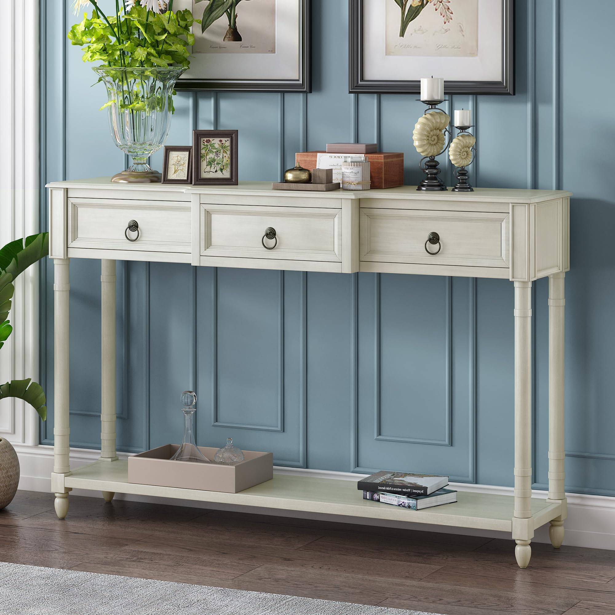 Merax Console Sofa Table Sideboard with Drawers and Long Shelf for Living Room, Entryway/Hallway, Sideboard, Antique White