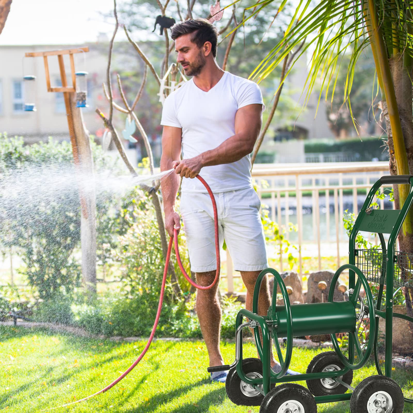 RELAX4LIFE Carrello Avvolgitubo da Giardino, Carrello di Irrigazione Mobile con Ruote ø26cm in Gomma e Cestino Portaoggetti, 95 x 62 x 113 cm
